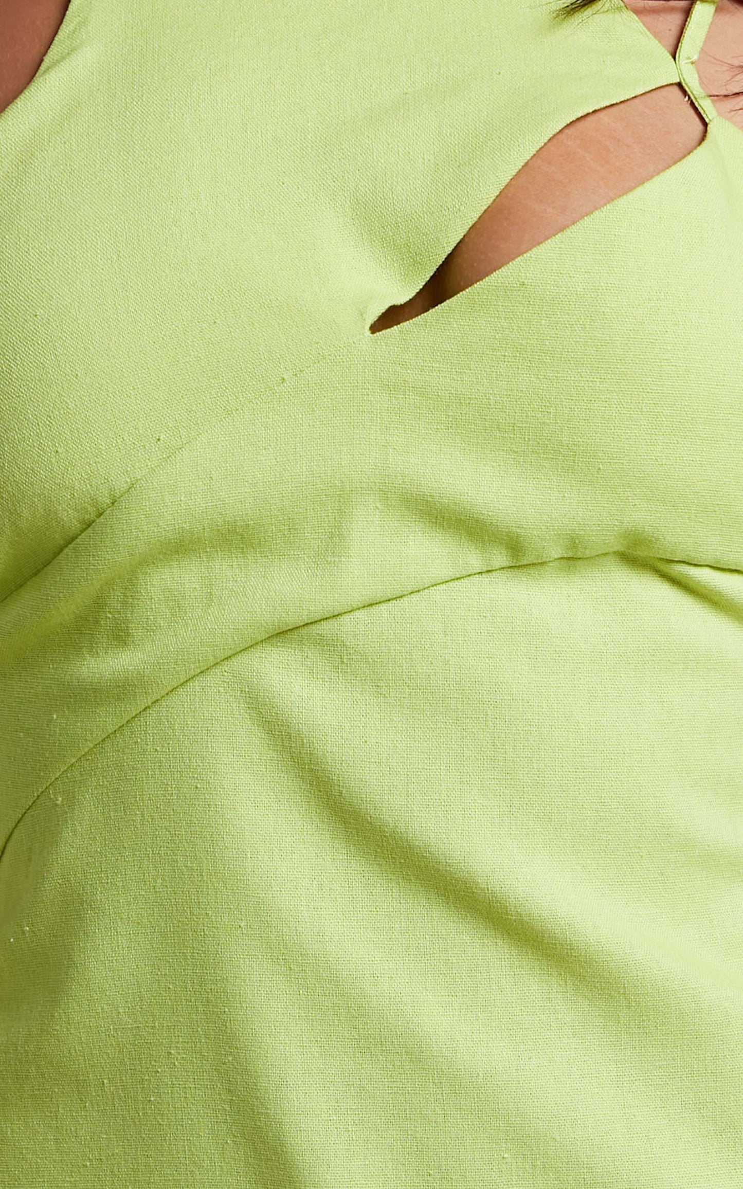 Patchico Mini Dress - Linen Split Bust Bodycon Dress in Lime Linen Look