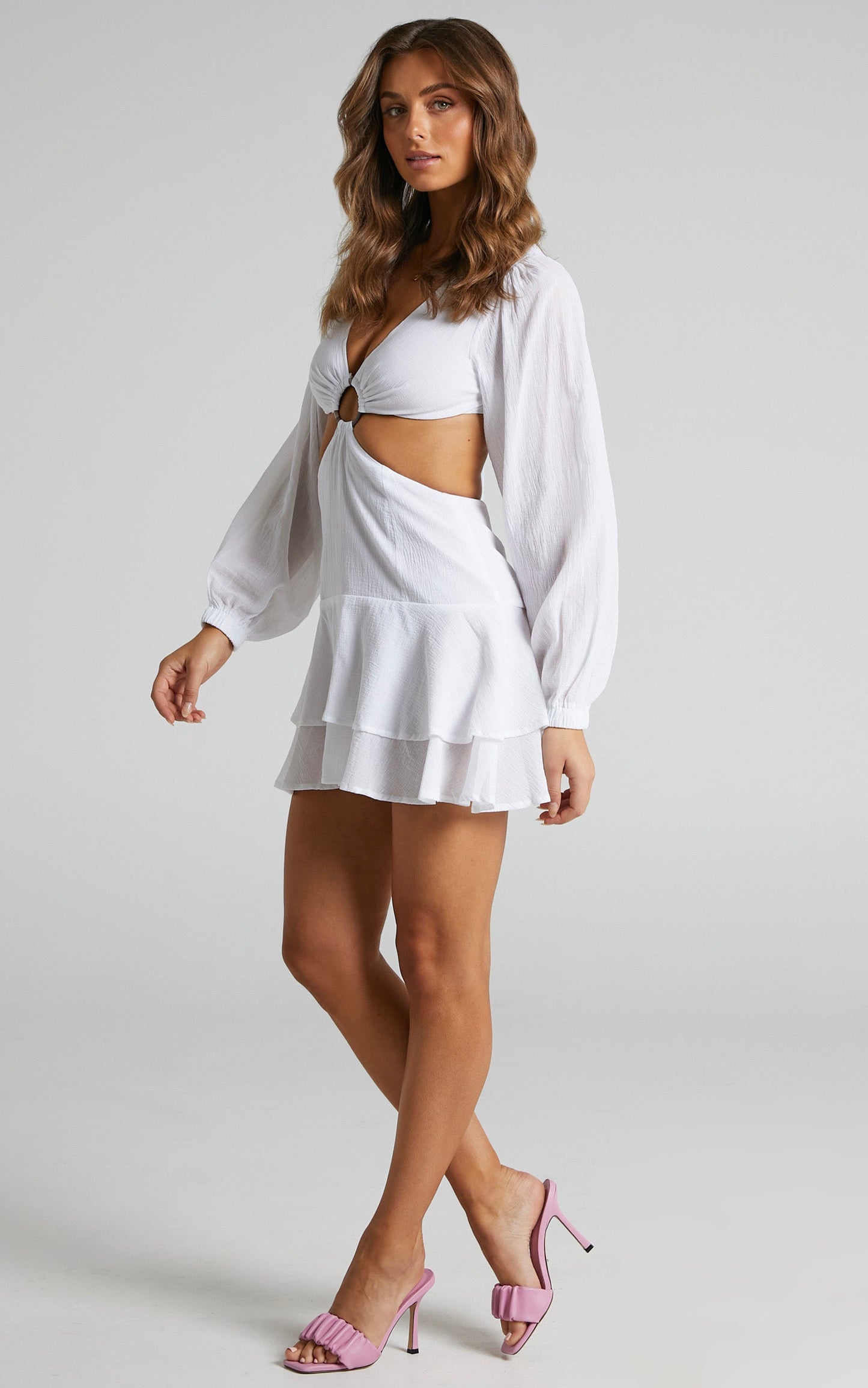 Pauline Long Sleeve Cut Out Tie Back Mini Dress in White