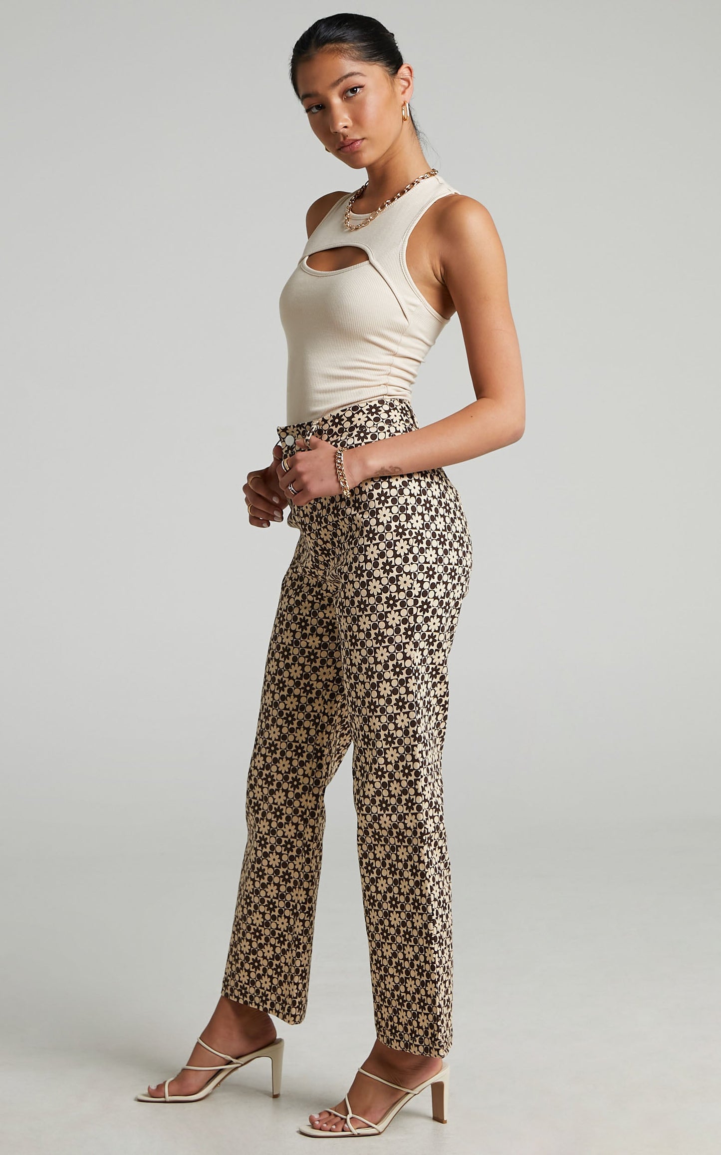 Pennie High Waisted Boot Cut Pants in Brown Print