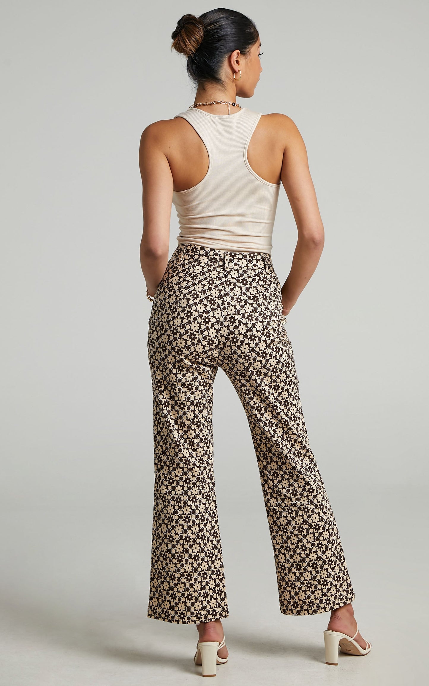 Pennie High Waisted Boot Cut Pants in Brown Print