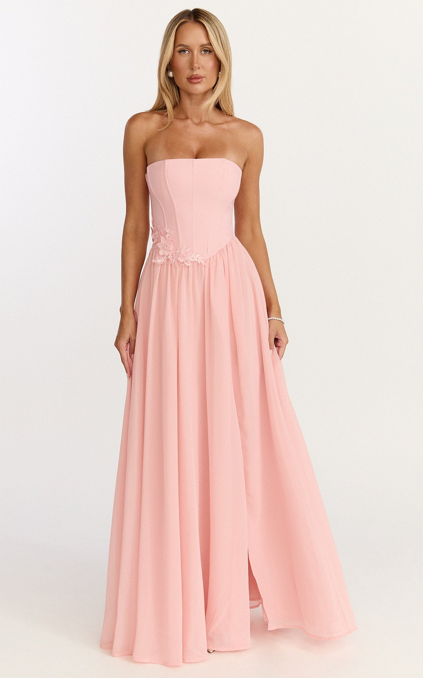 Penny Maxi Dress - Strapless Corset Bodice Floral Embellished Dress in Soft Pink