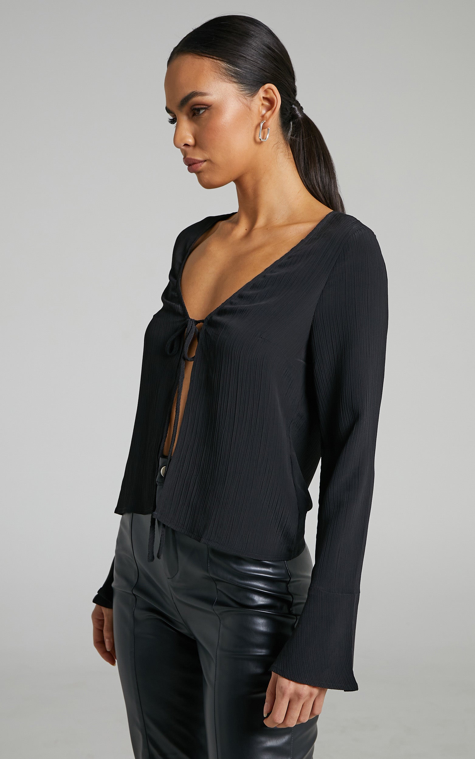 Perly Blouse - Crinkle Tie Front Long Sleeve Blouse in Black