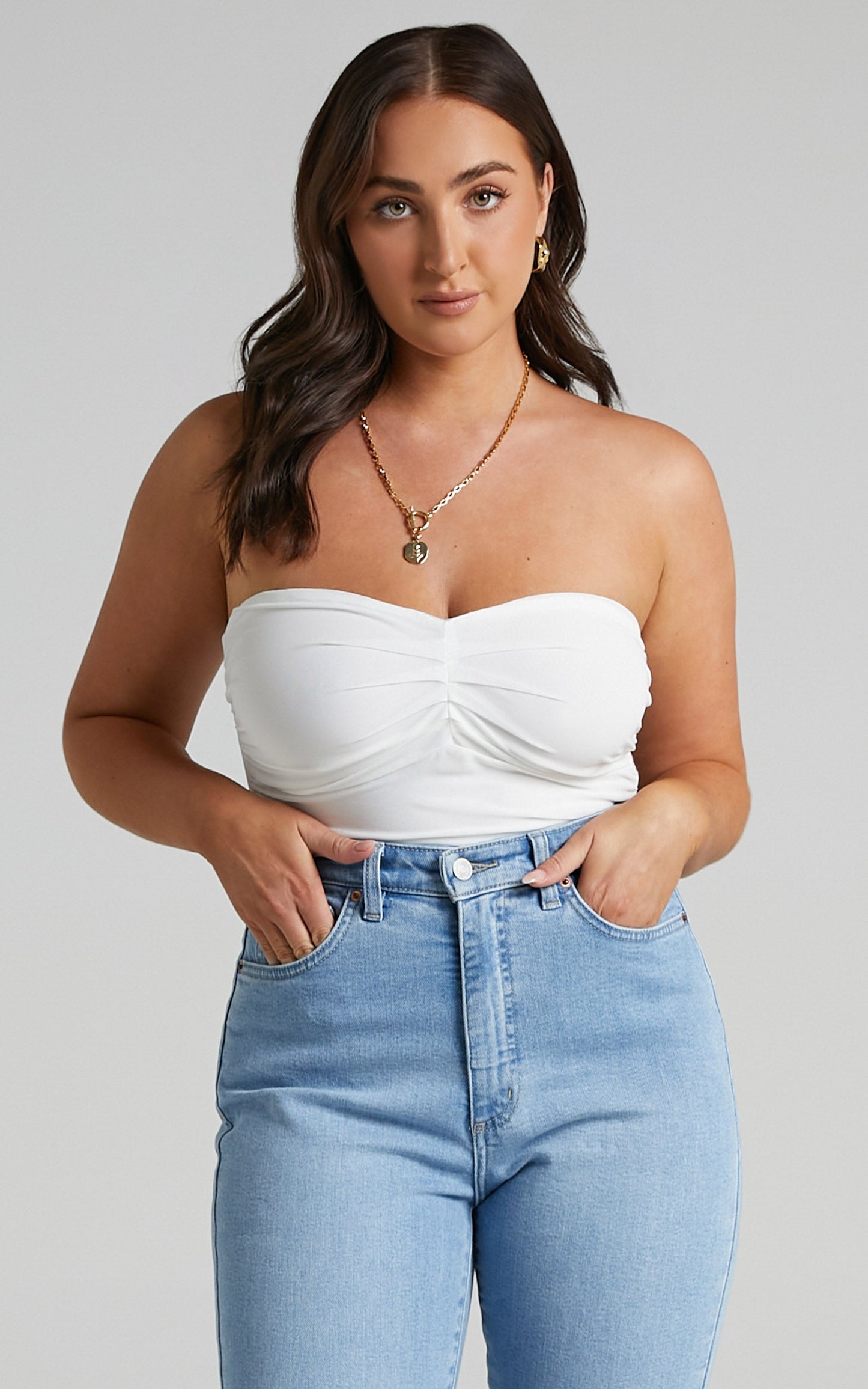 Peterson Bodysuit - Strapless Mesh Ruched Bodysuit in White
