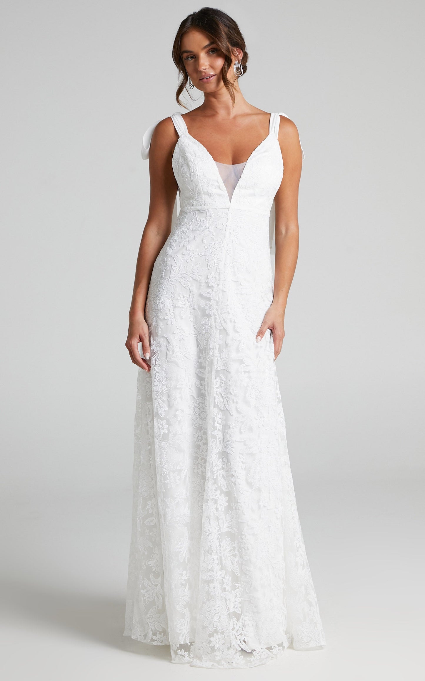Petunia Gown - Tie Shoulder Plunge Neck Lace Gown in Ivory