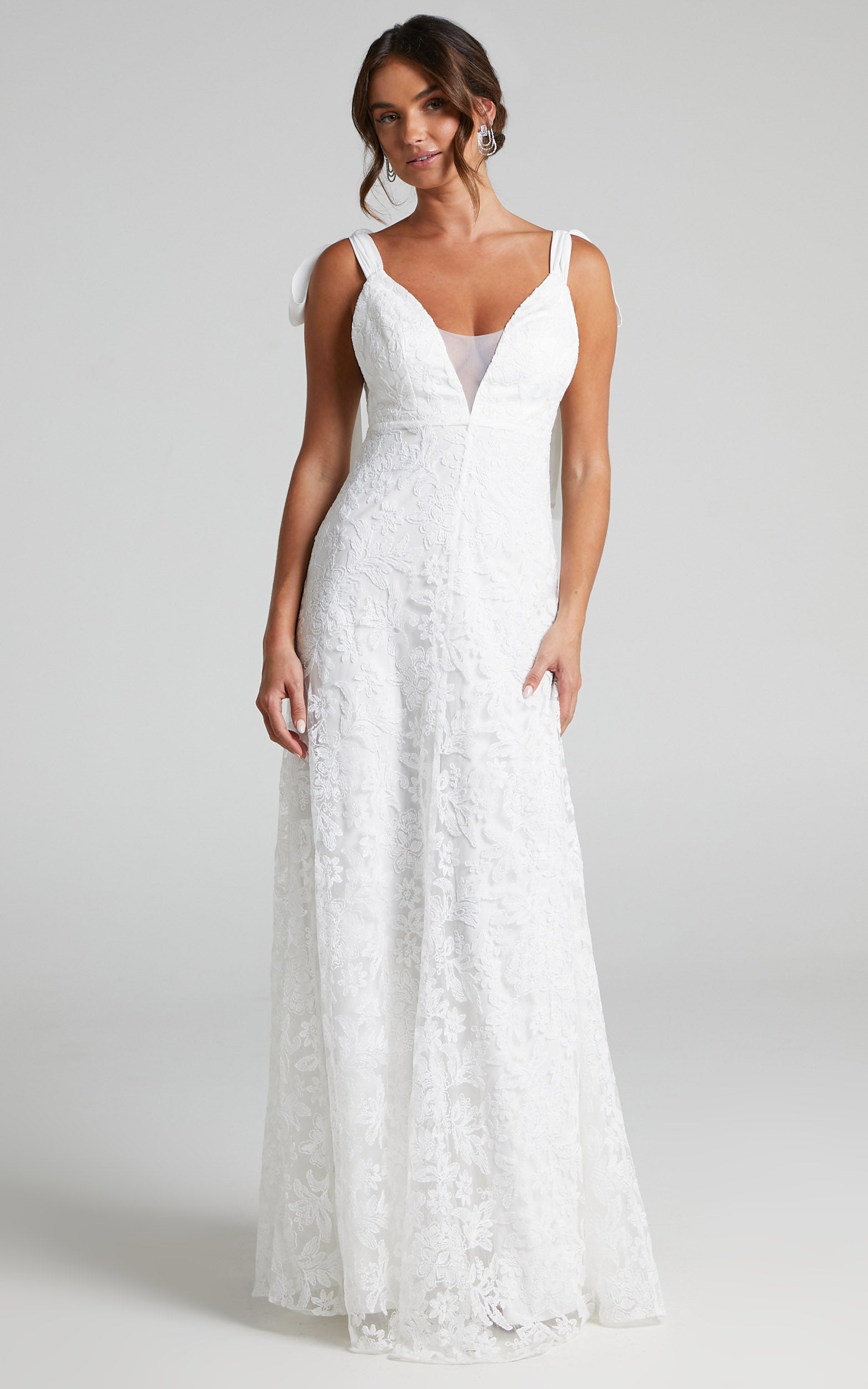 Petunia Gown - Tie Shoulder Plunge Neck Lace Gown in Ivory