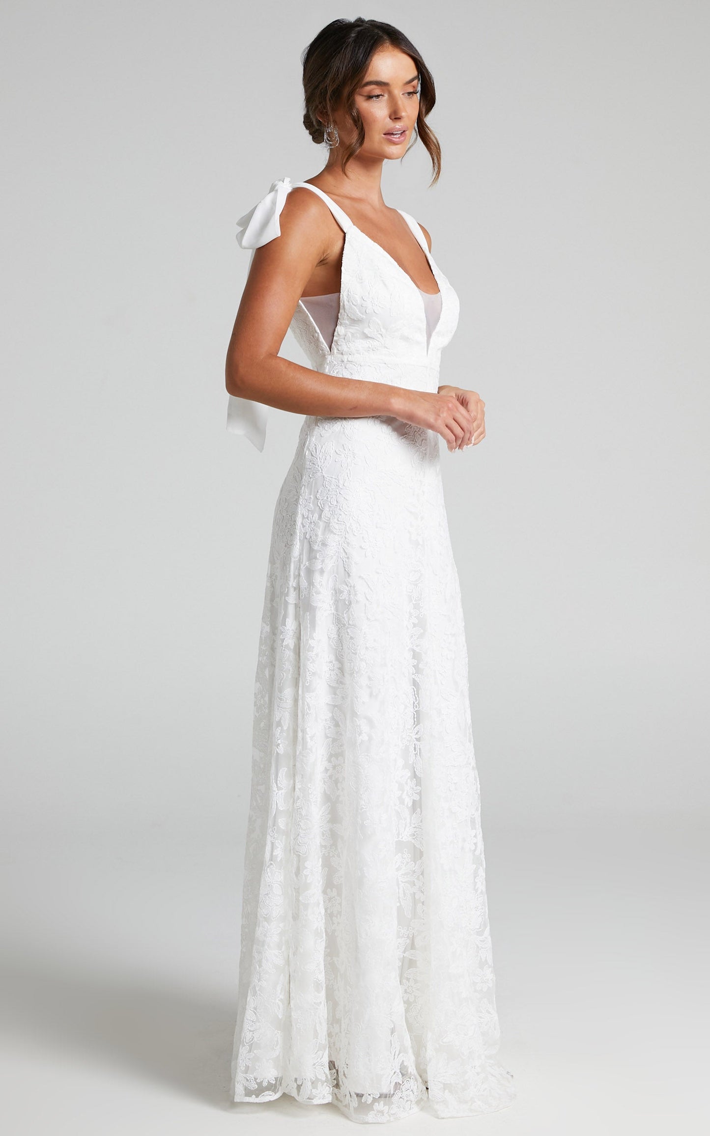 Petunia Gown - Tie Shoulder Plunge Neck Lace Gown in Ivory