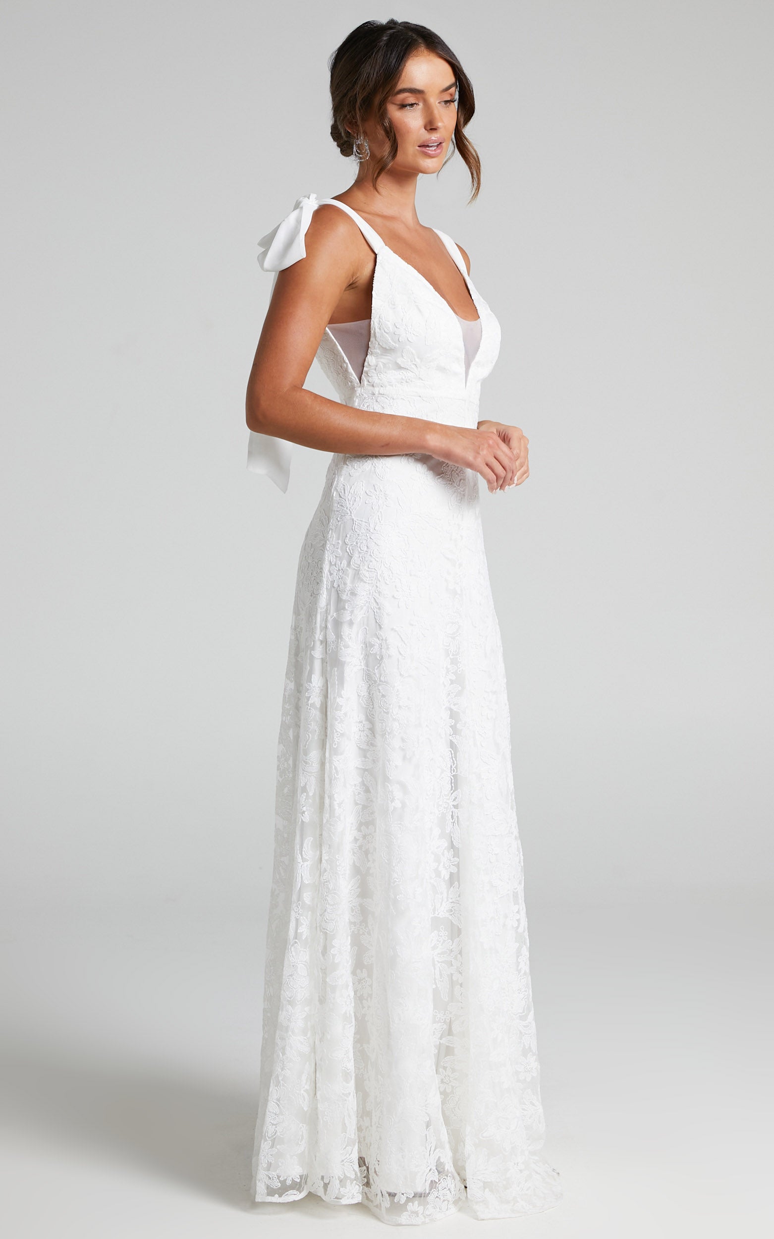 Petunia Gown - Tie Shoulder Plunge Neck Lace Gown in Ivory