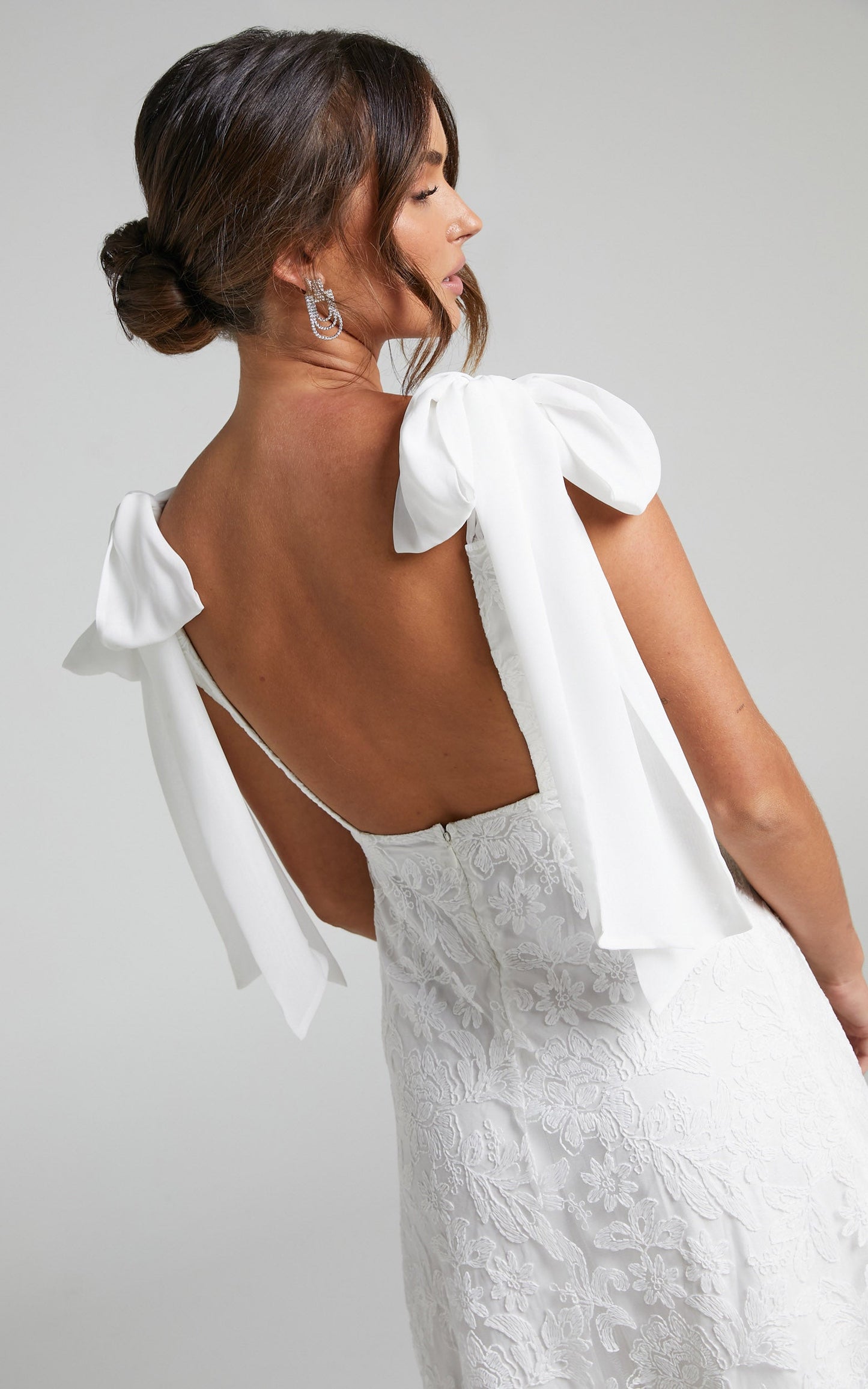Petunia Gown - Tie Shoulder Plunge Neck Lace Gown in Ivory