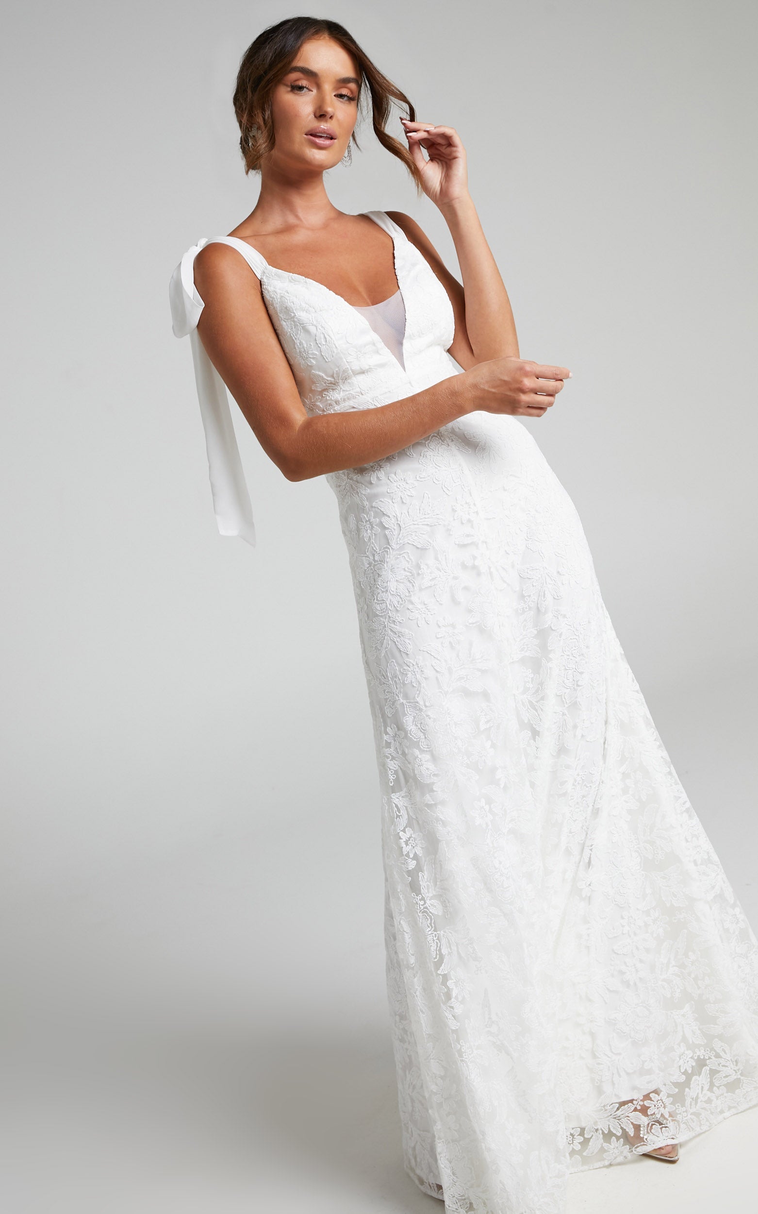 Petunia Gown - Tie Shoulder Plunge Neck Lace Gown in Ivory