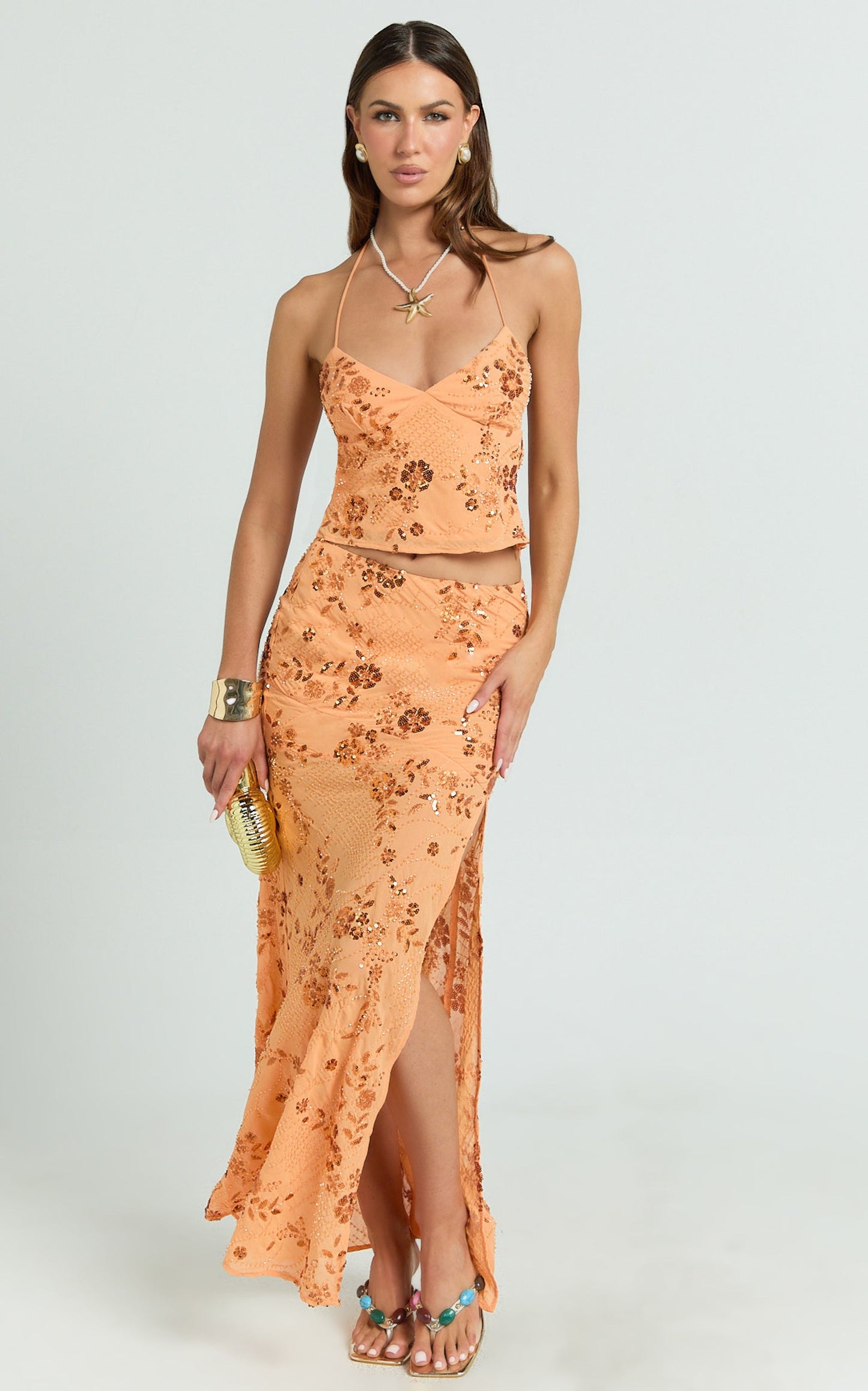 Petunia Top -  Sequin Halter Neck Top in Orange