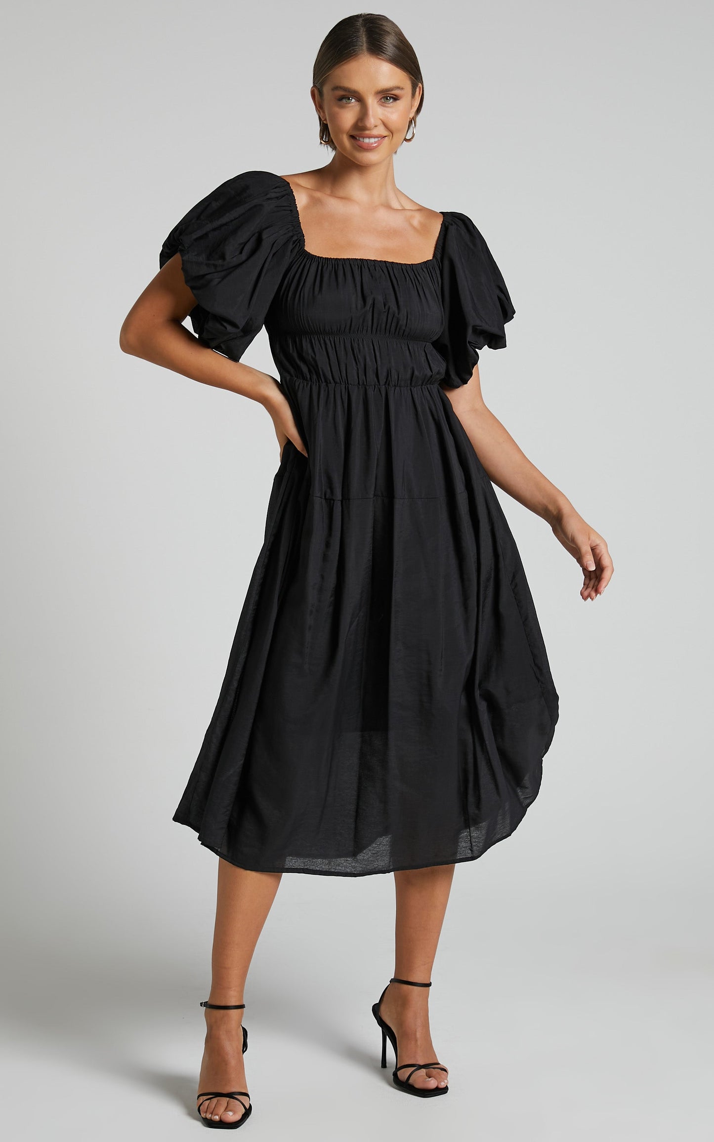 Peyton Midi Dress - Off Shoulder Puff Sleeve Tiered Dress in Black