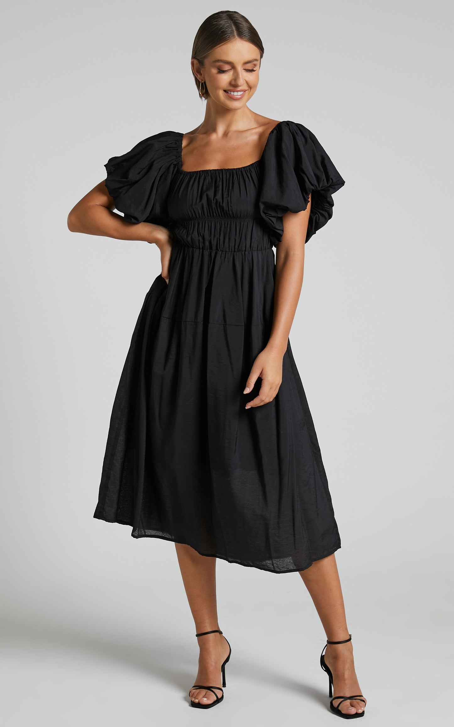 Peyton Midi Dress - Off Shoulder Puff Sleeve Tiered Dress in Black