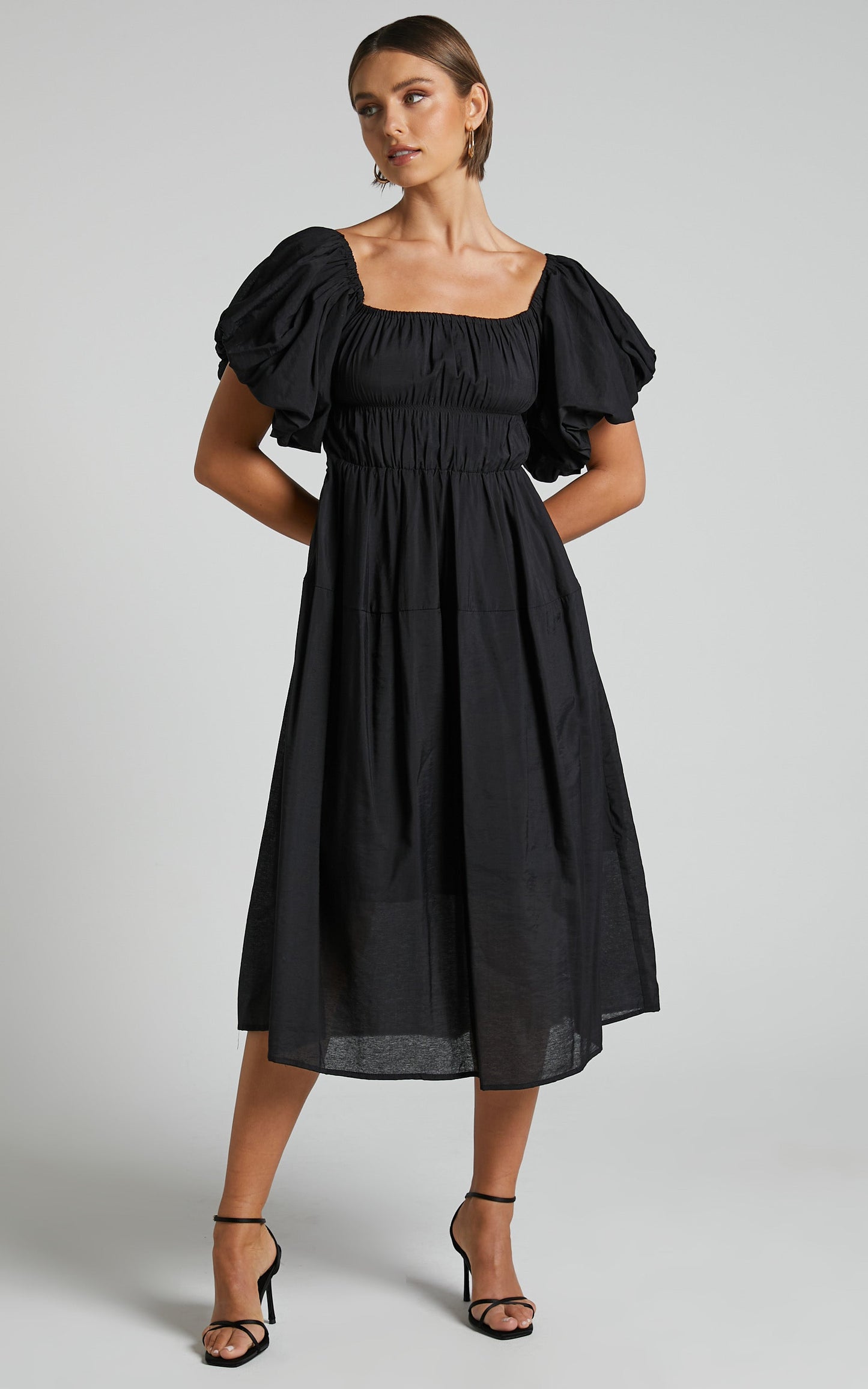 Peyton Midi Dress - Off Shoulder Puff Sleeve Tiered Dress in Black