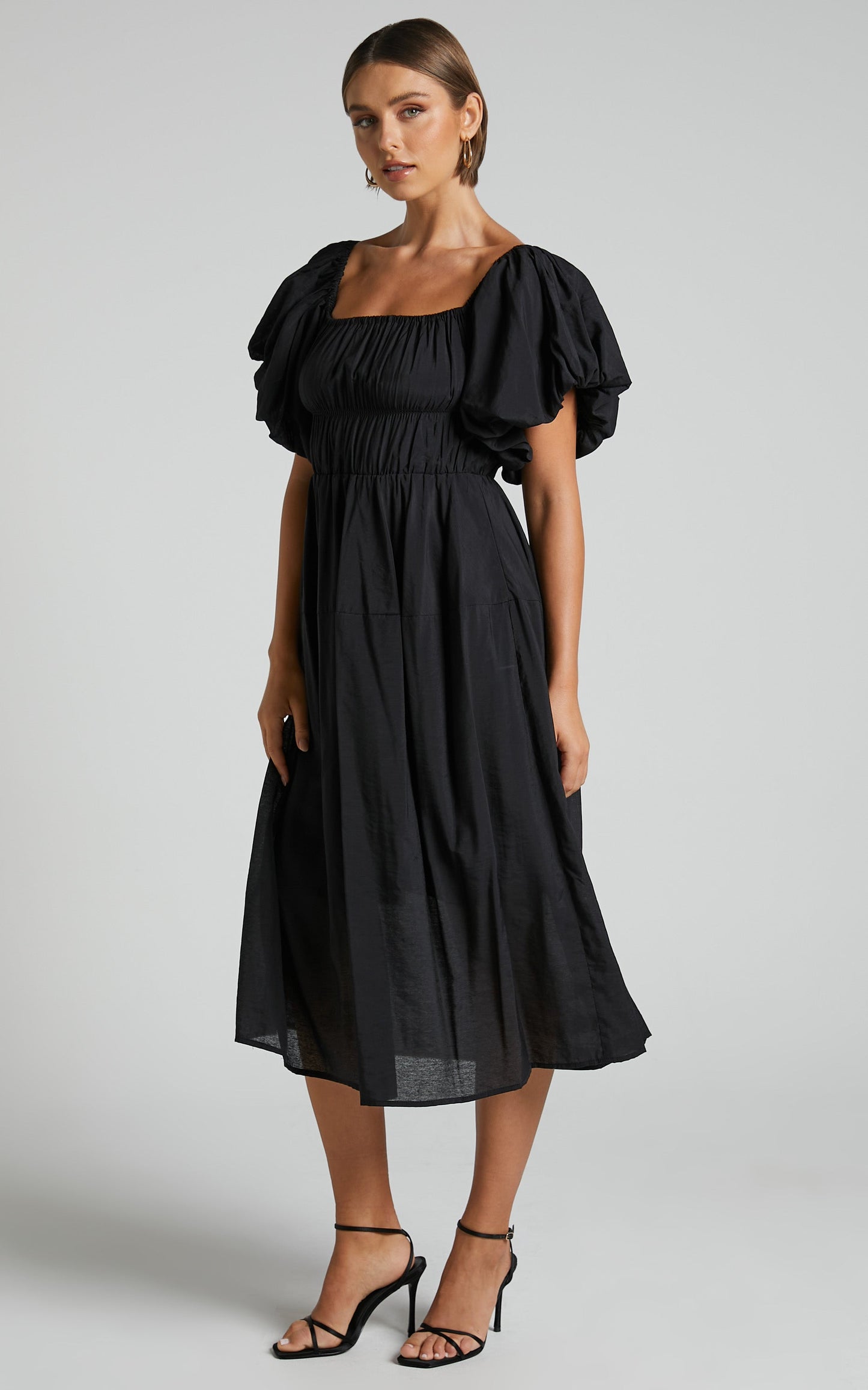 Peyton Midi Dress - Off Shoulder Puff Sleeve Tiered Dress in Black