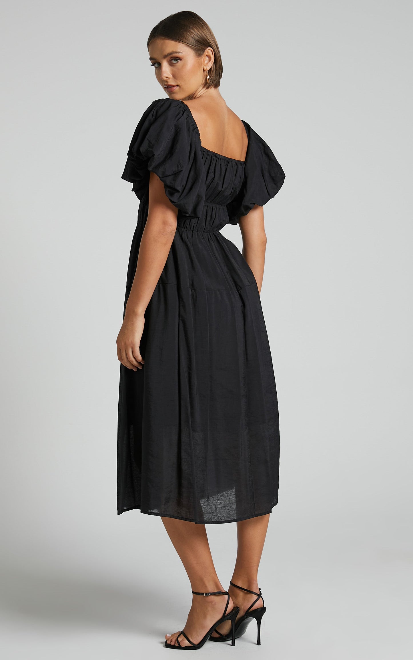 Peyton Midi Dress - Off Shoulder Puff Sleeve Tiered Dress in Black