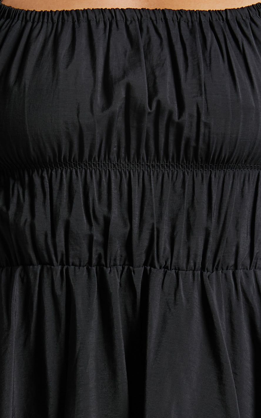 Peyton Midi Dress - Off Shoulder Puff Sleeve Tiered Dress in Black