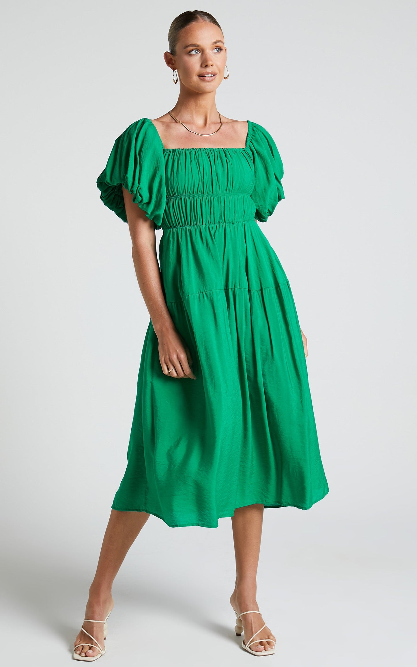 Peyton Midi Dress - Off Shoulder Puff Sleeve Tiered Dress in Green