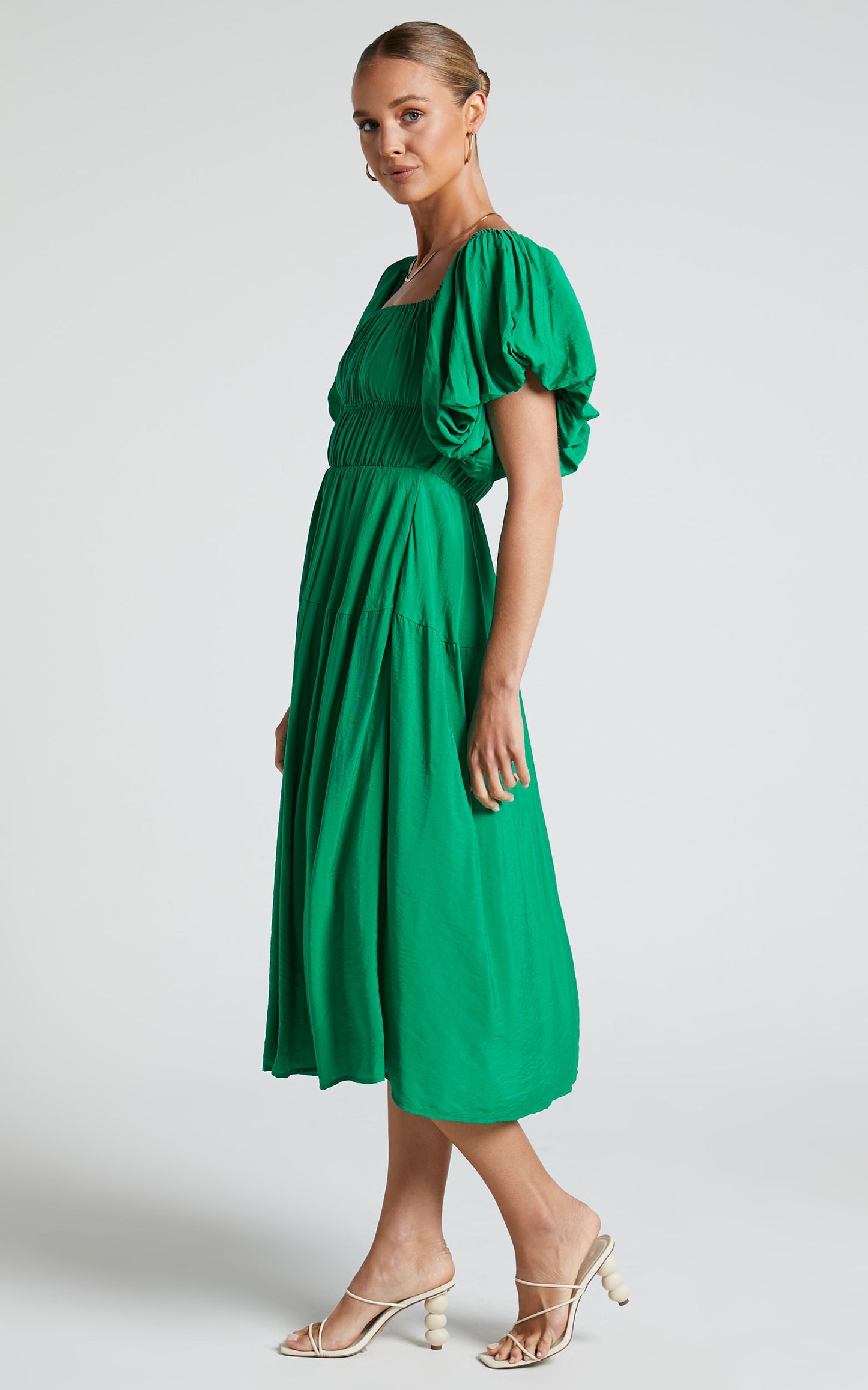 Peyton Midi Dress - Off Shoulder Puff Sleeve Tiered Dress in Green