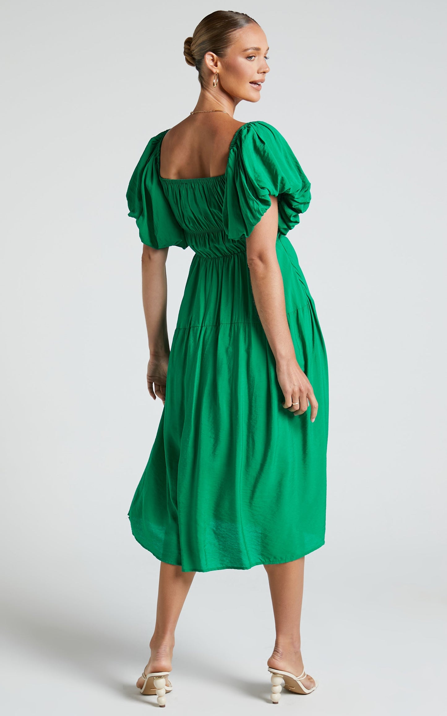 Peyton Midi Dress - Off Shoulder Puff Sleeve Tiered Dress in Green