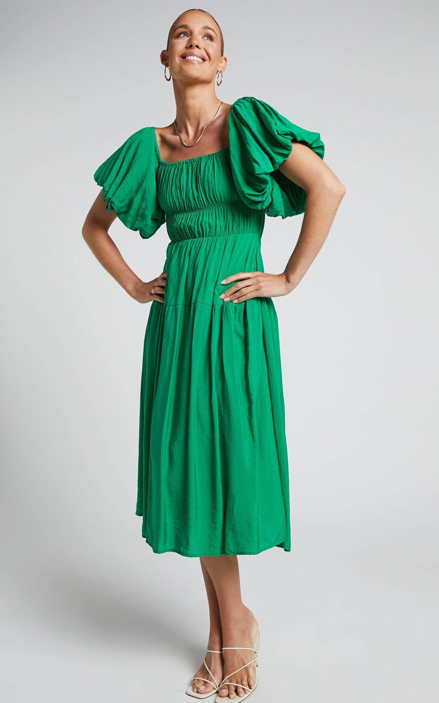 Peyton Midi Dress - Off Shoulder Puff Sleeve Tiered Dress in Green