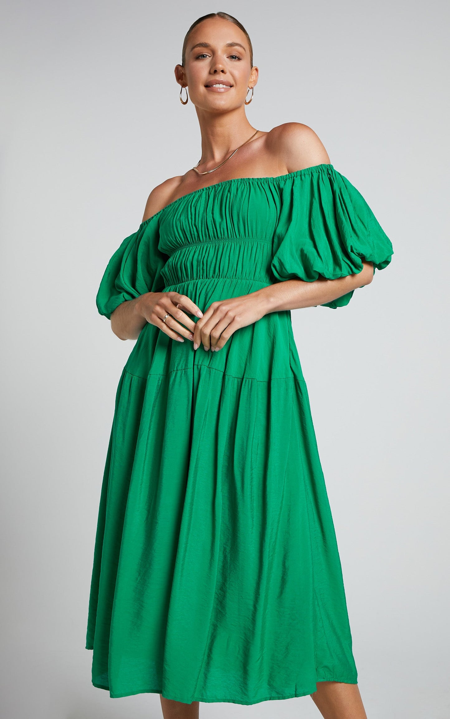Peyton Midi Dress - Off Shoulder Puff Sleeve Tiered Dress in Green
