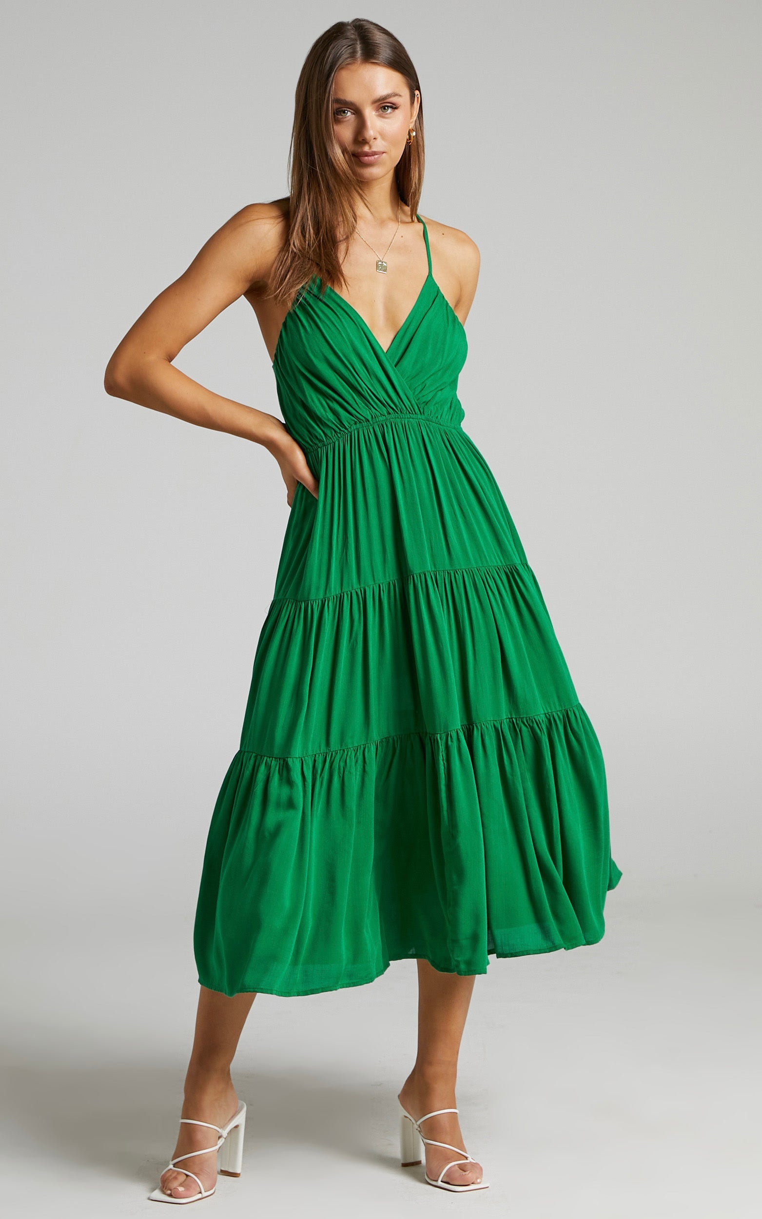 Phaloma Midi Dress - V Neck Tiered Dress in Emerald