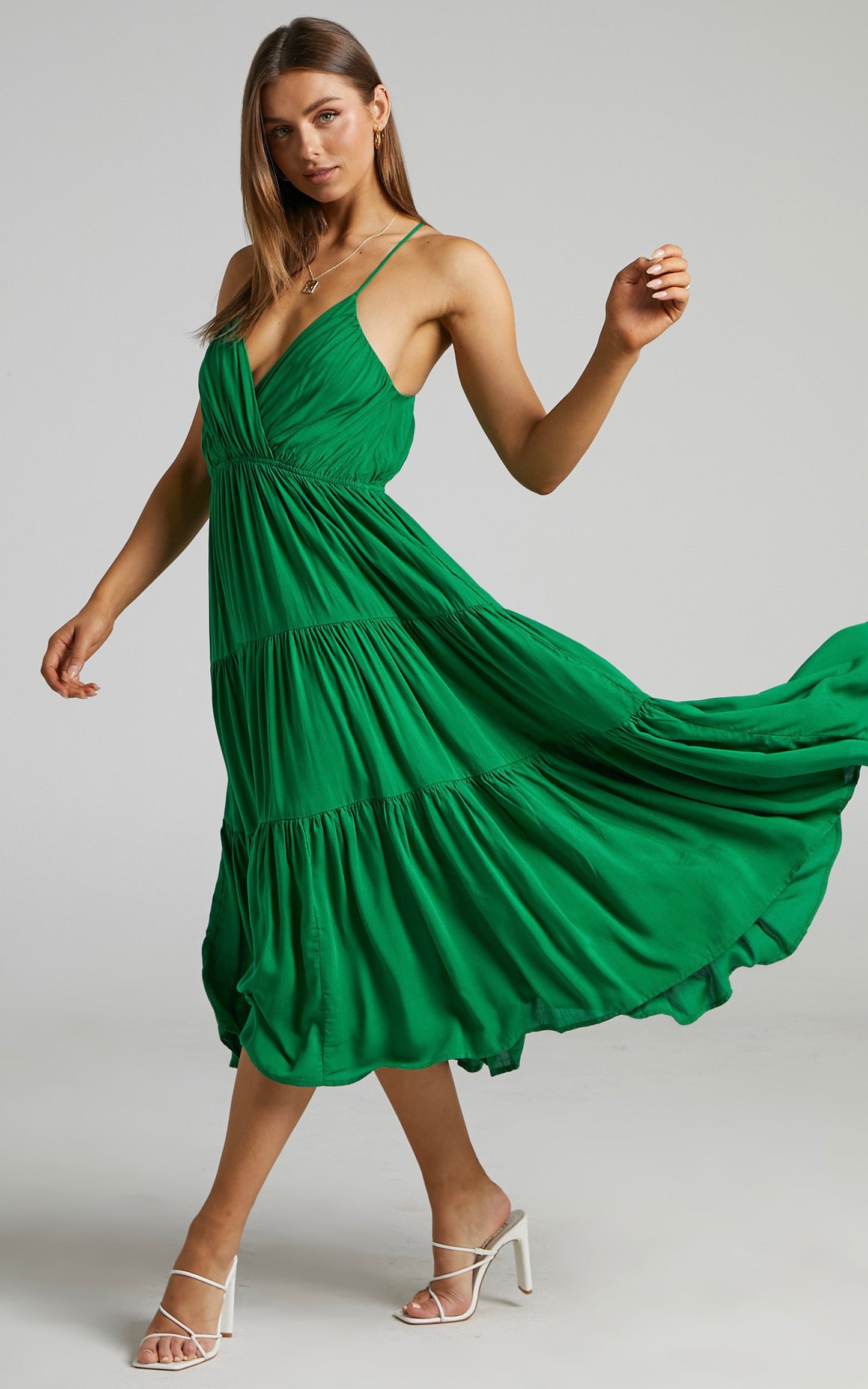 Phaloma Midi Dress - V Neck Tiered Dress in Emerald