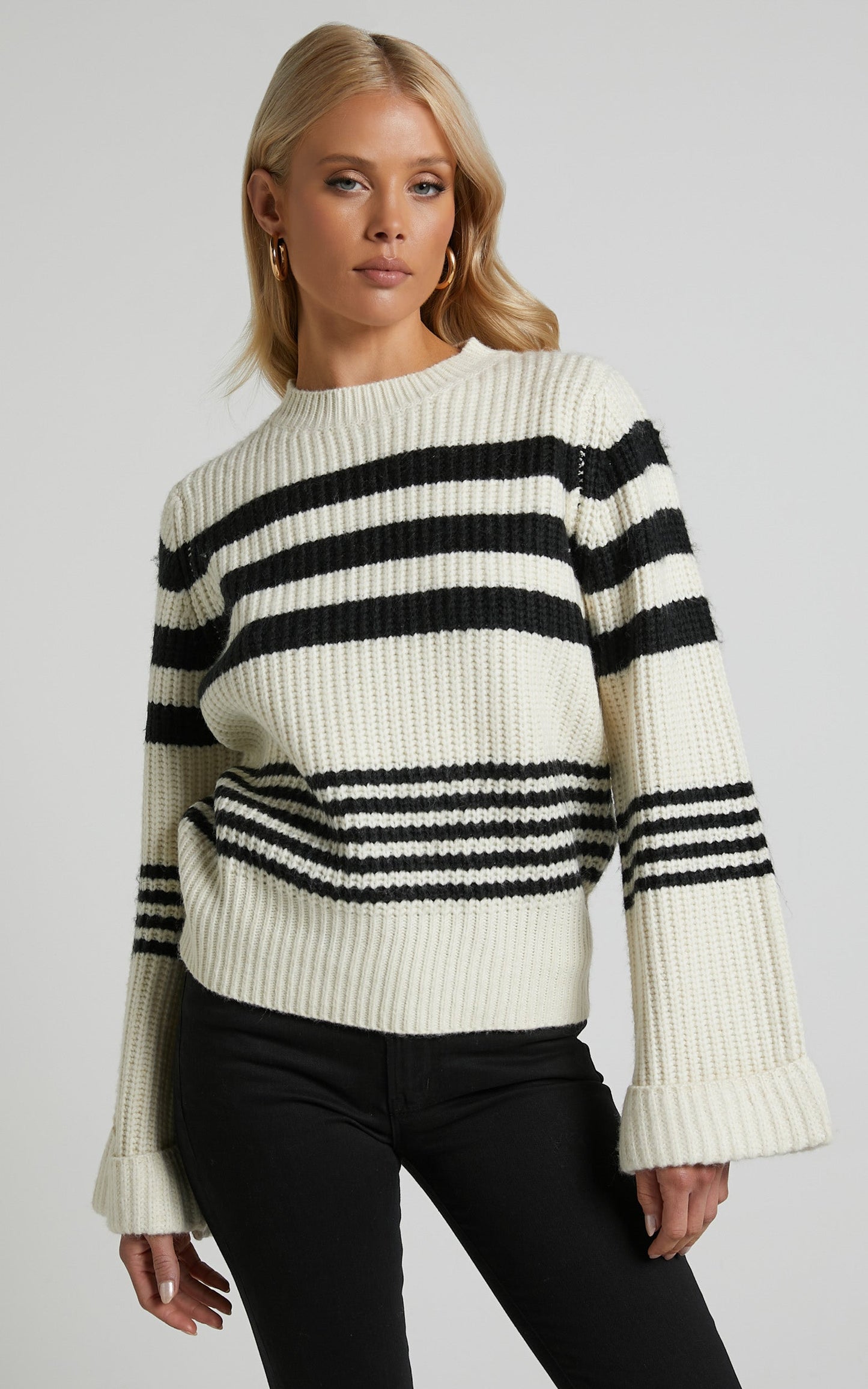 Pheney Sweater - Striped Crew Neck Knit Sweater in Cream and Black