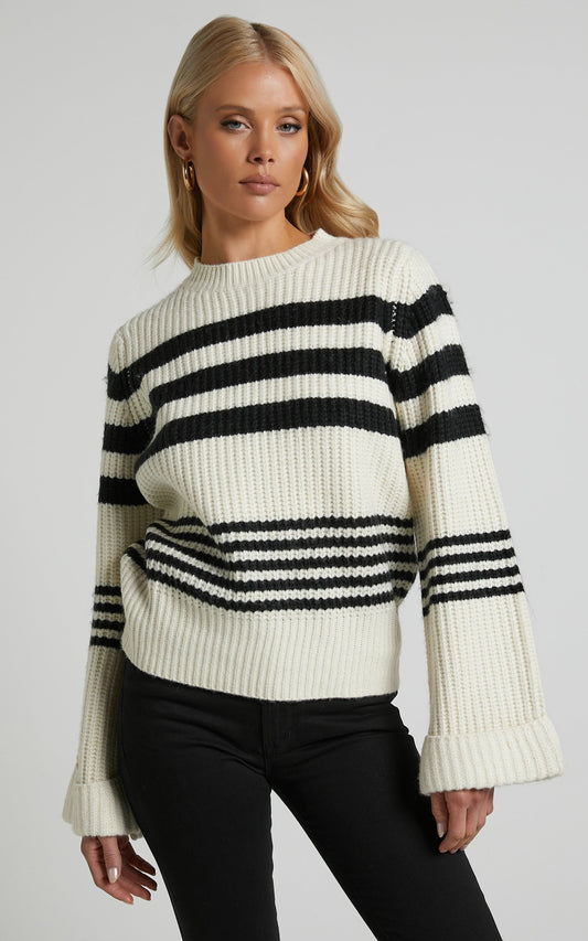 Pheney Sweater - Striped Crew Neck Knit Sweater in Cream and Black
