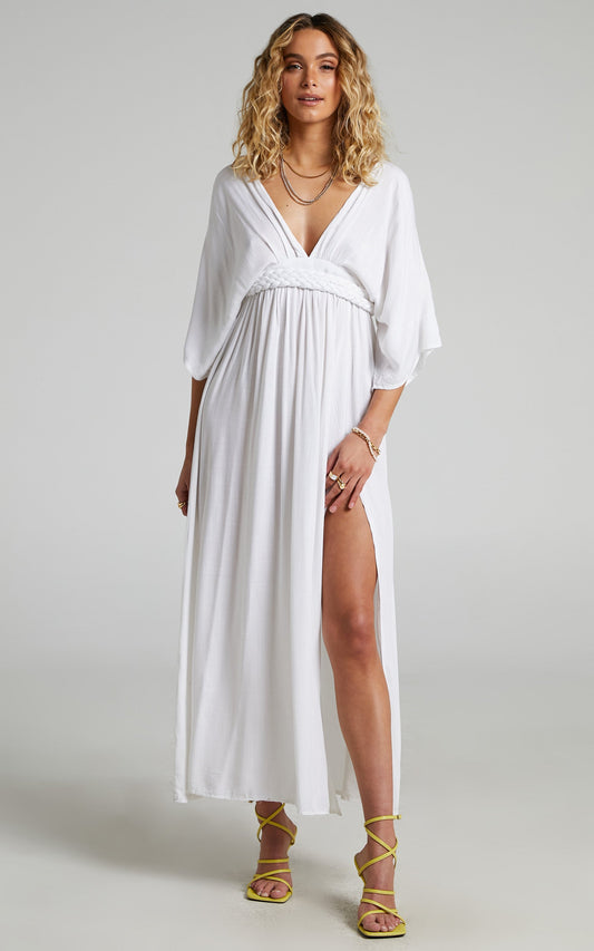 Phillipha Underbust Tie Angel Sleeve Maxi Dress in White