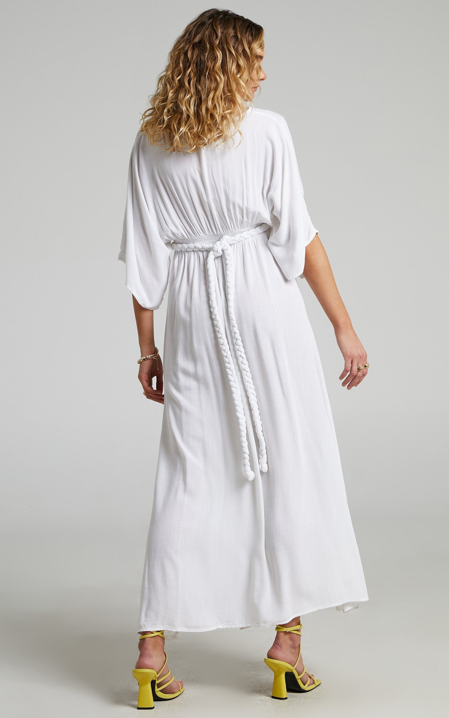 Phillipha Underbust Tie Angel Sleeve Maxi Dress in White