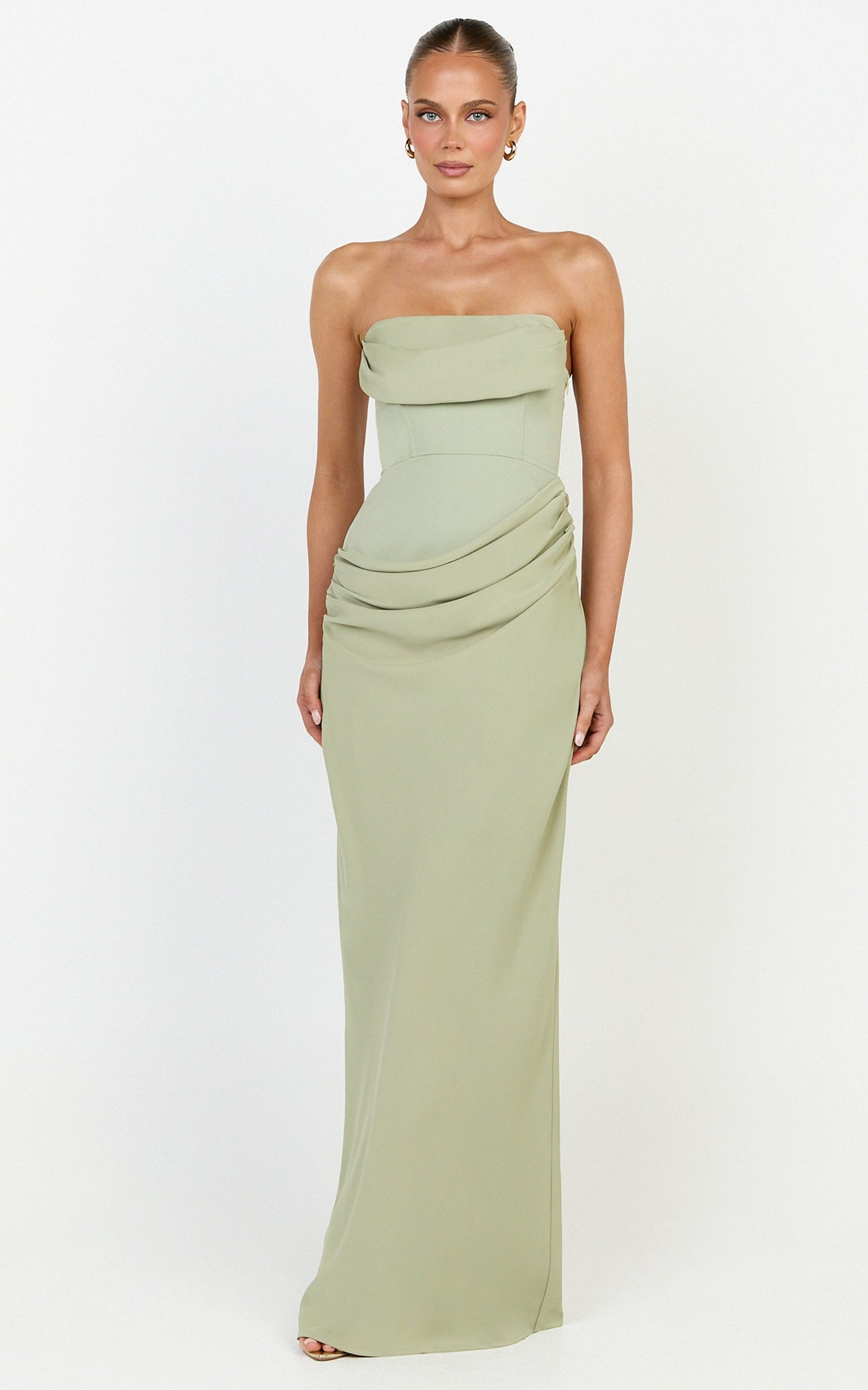 Phoebe Maxi Dress - Strapless Structured Bodice Drape Skirt Dress in Sage