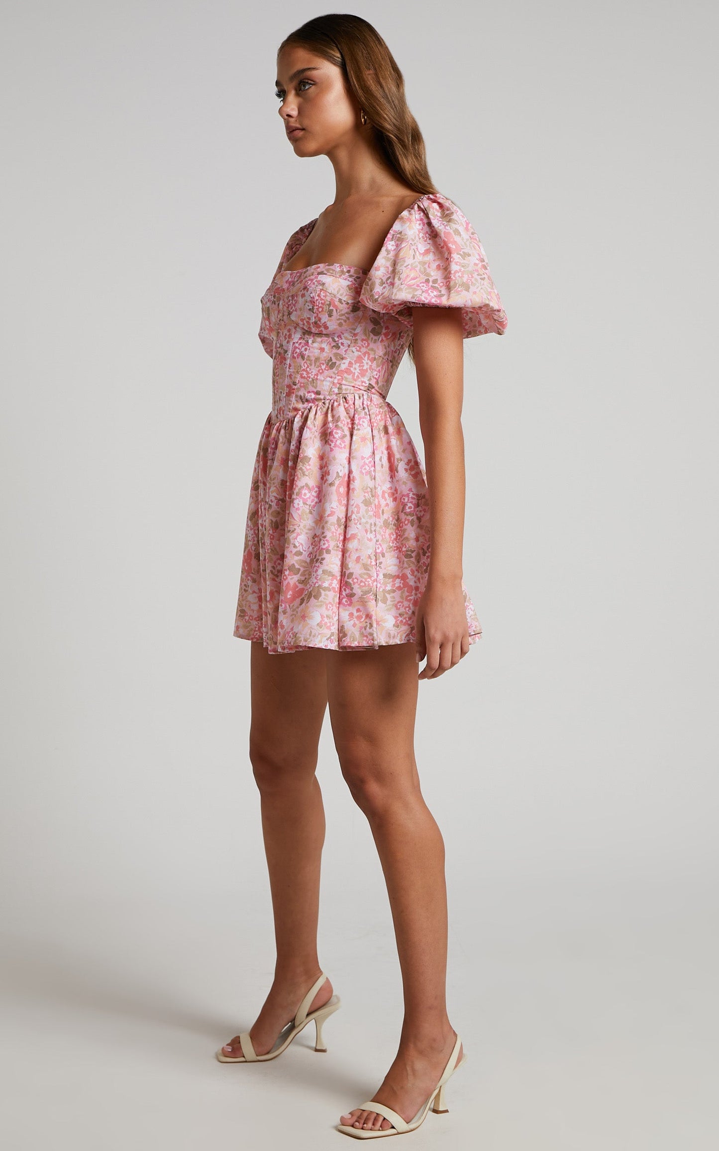 Phorchia Mini Dress - Fit and Flare Puff Sleeve Corset Dress in Fleur Print