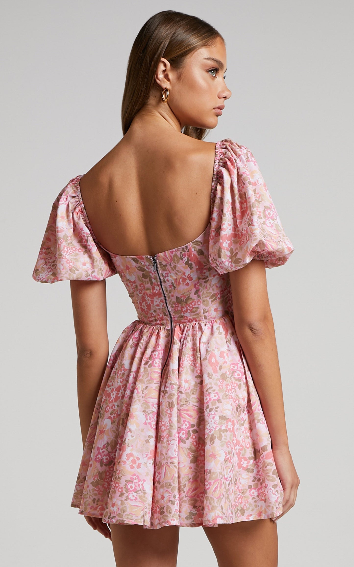Phorchia Mini Dress - Fit and Flare Puff Sleeve Corset Dress in Fleur Print