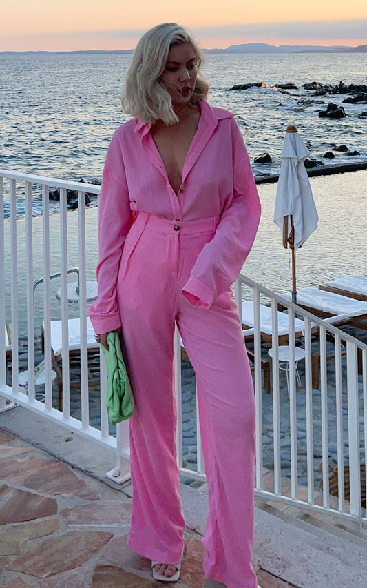 Isabeau Beach Trousers - Mid Rise Crinkle Pleat Relaxed Tailored Pants in Pink