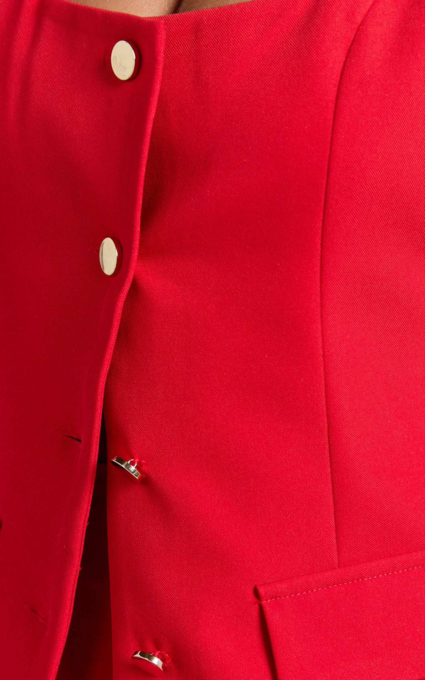 Phyllis Two Piece Set - Tailored Scoop Neck Vest Top and A Line Mini Skirt Set with Gold Buttons in Red