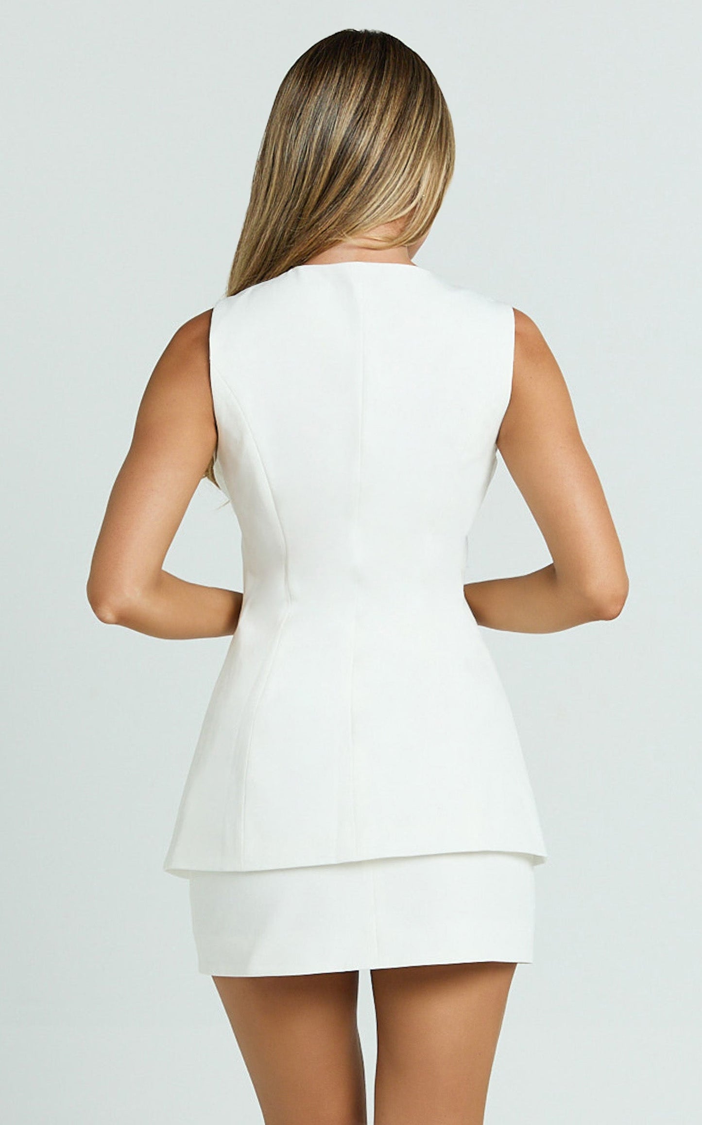 Phyllis Two Piece Set - Tailored Scoop Neck Vest Top and A Line Mini Skirt Set with Gold Buttons in White