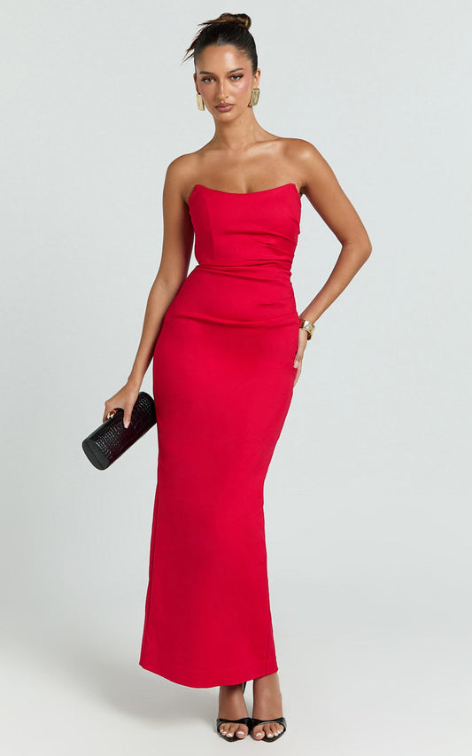 Pietra Maxi Dress - Scoop Neck Side Seam Tucks Fitted Dress in Red