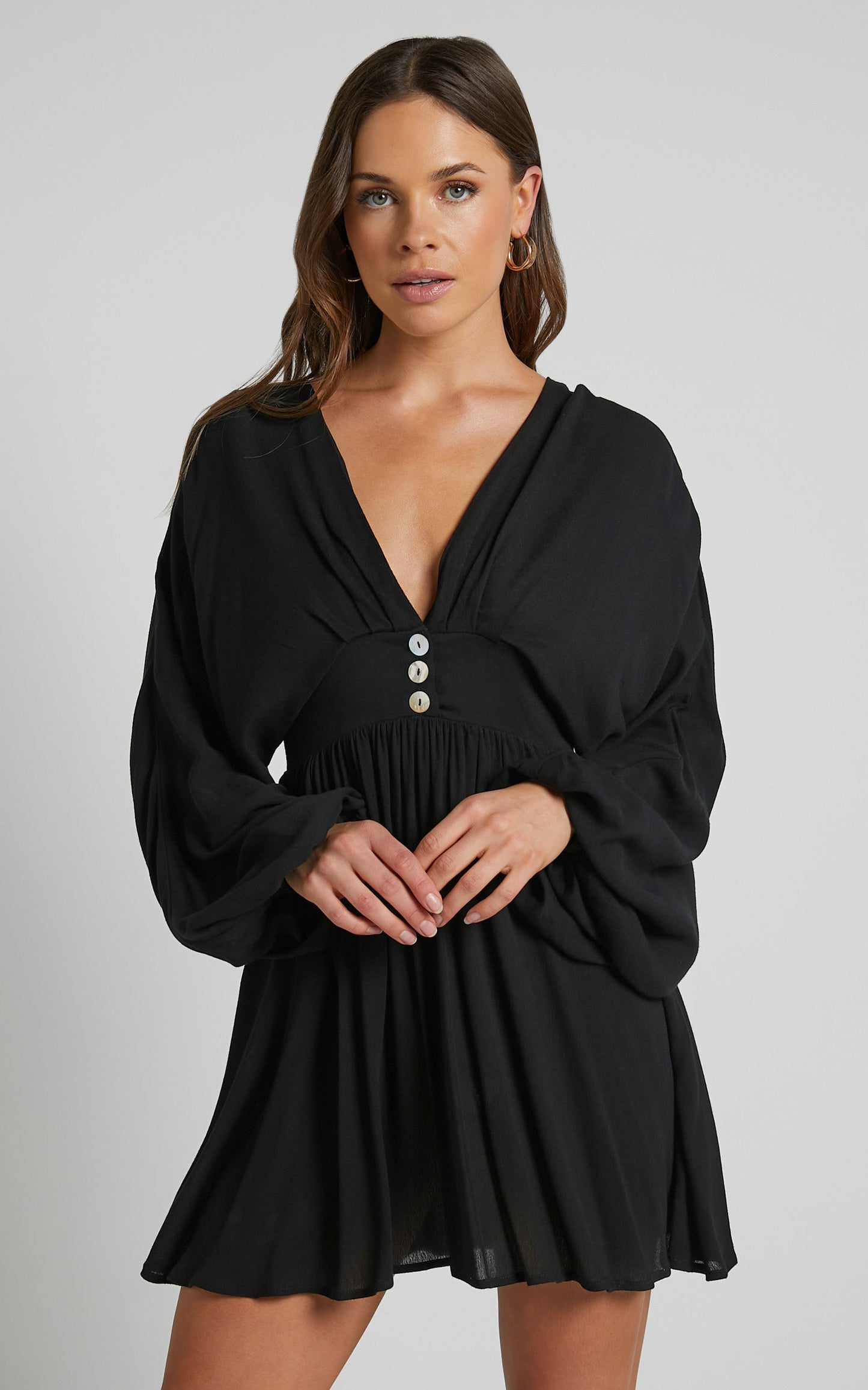 Piper Mini Dress - Long Sleeve Button Front Dress in Black