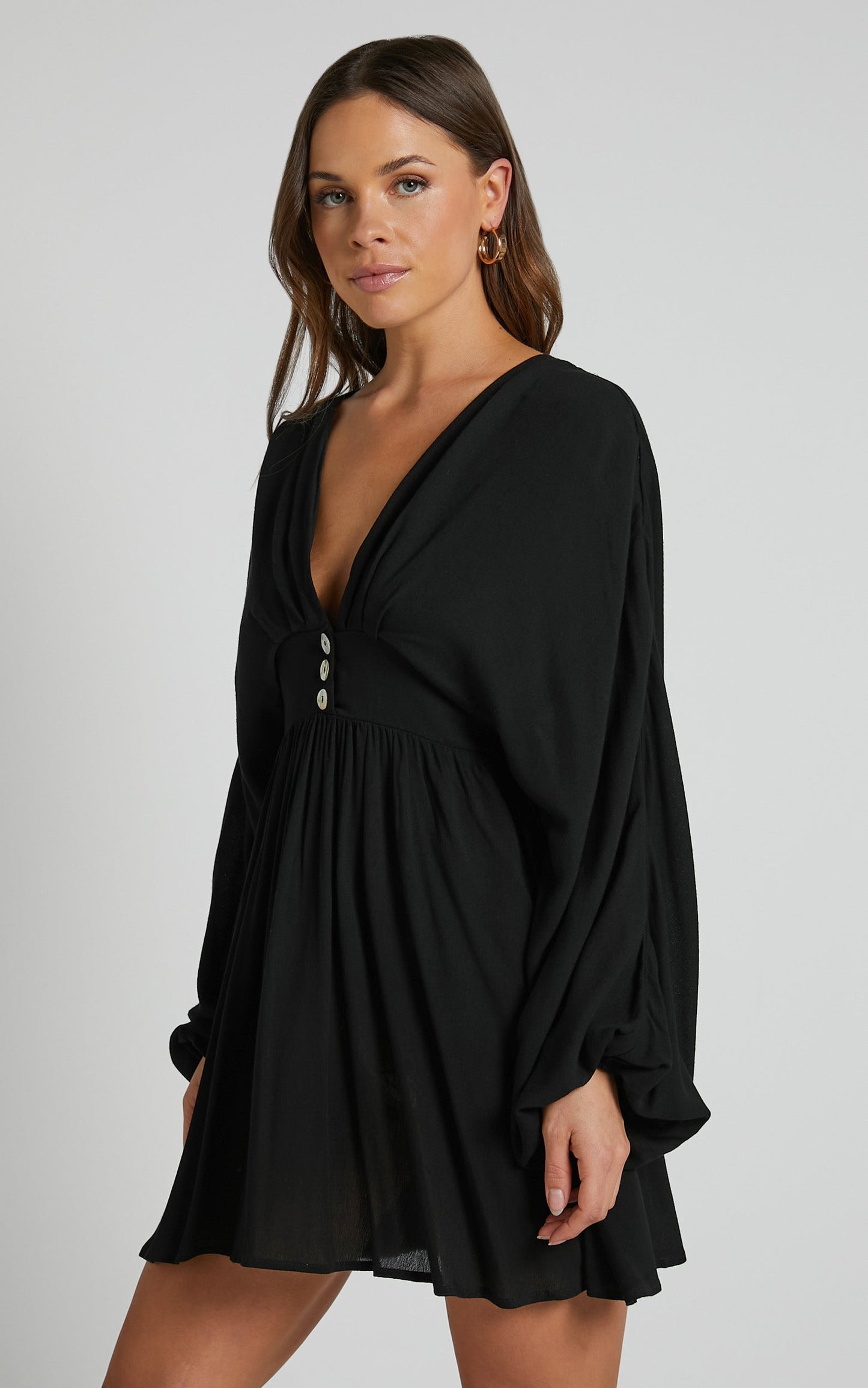 Piper Mini Dress - Long Sleeve Button Front Dress in Black