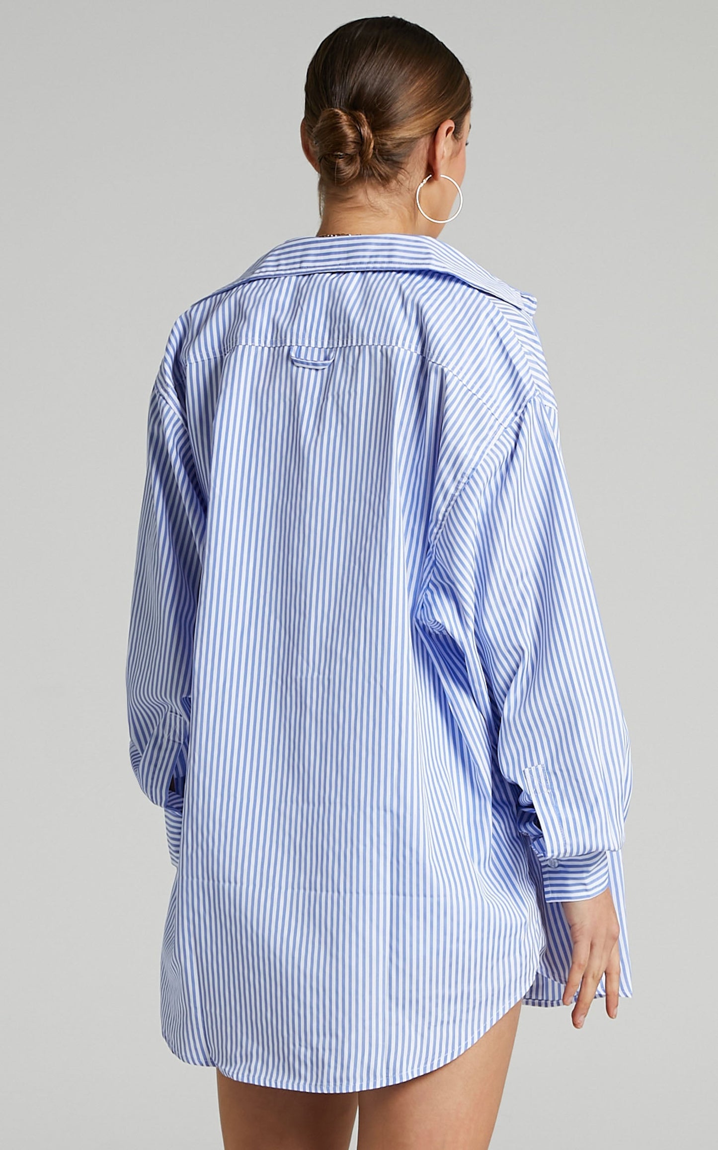 Pippa Button Up Collared Longline Blouse in Blue Stripe
