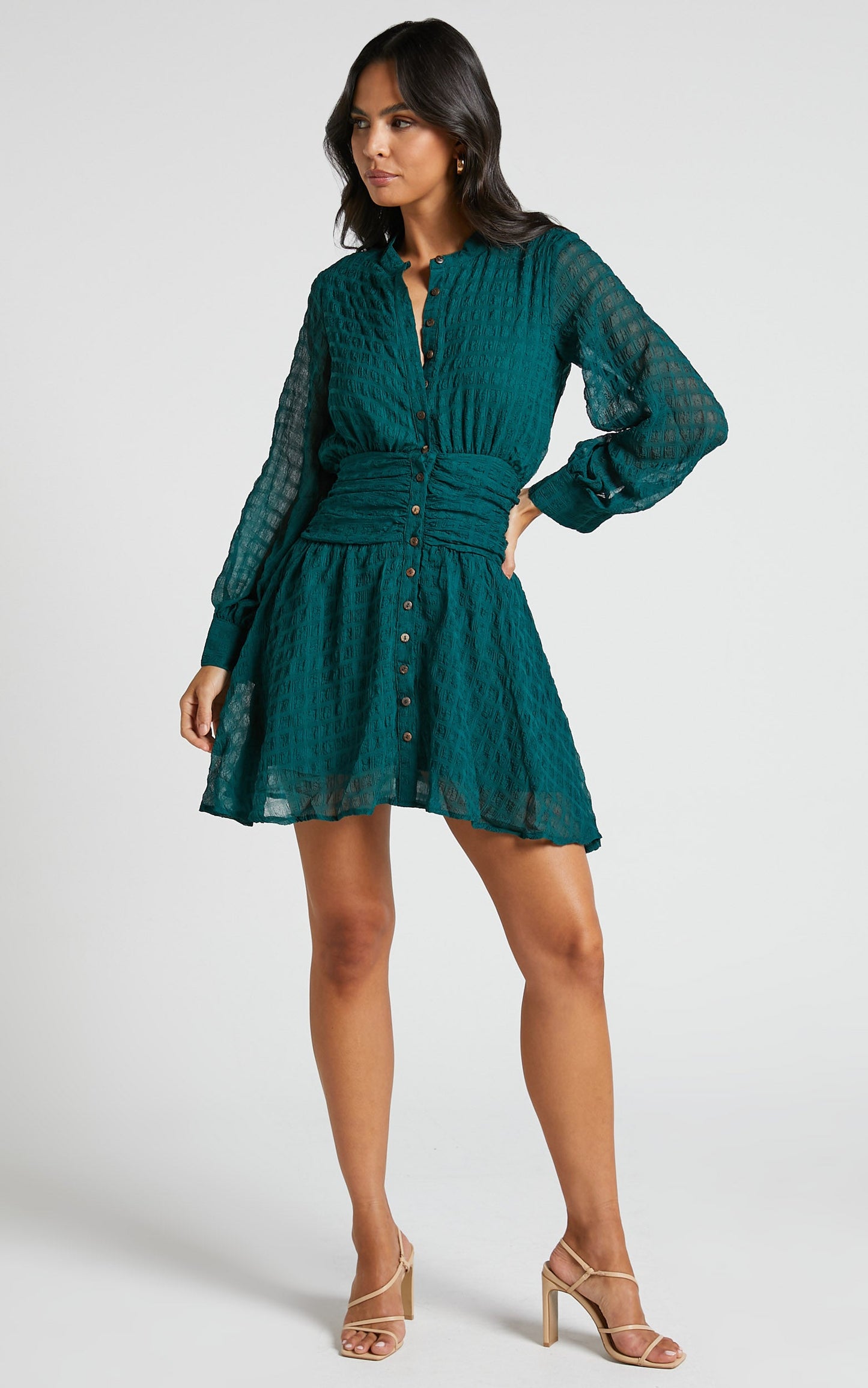 Pippie Mini Dress - Ruched Waist Long Sleeve Textured Dress in Emerald