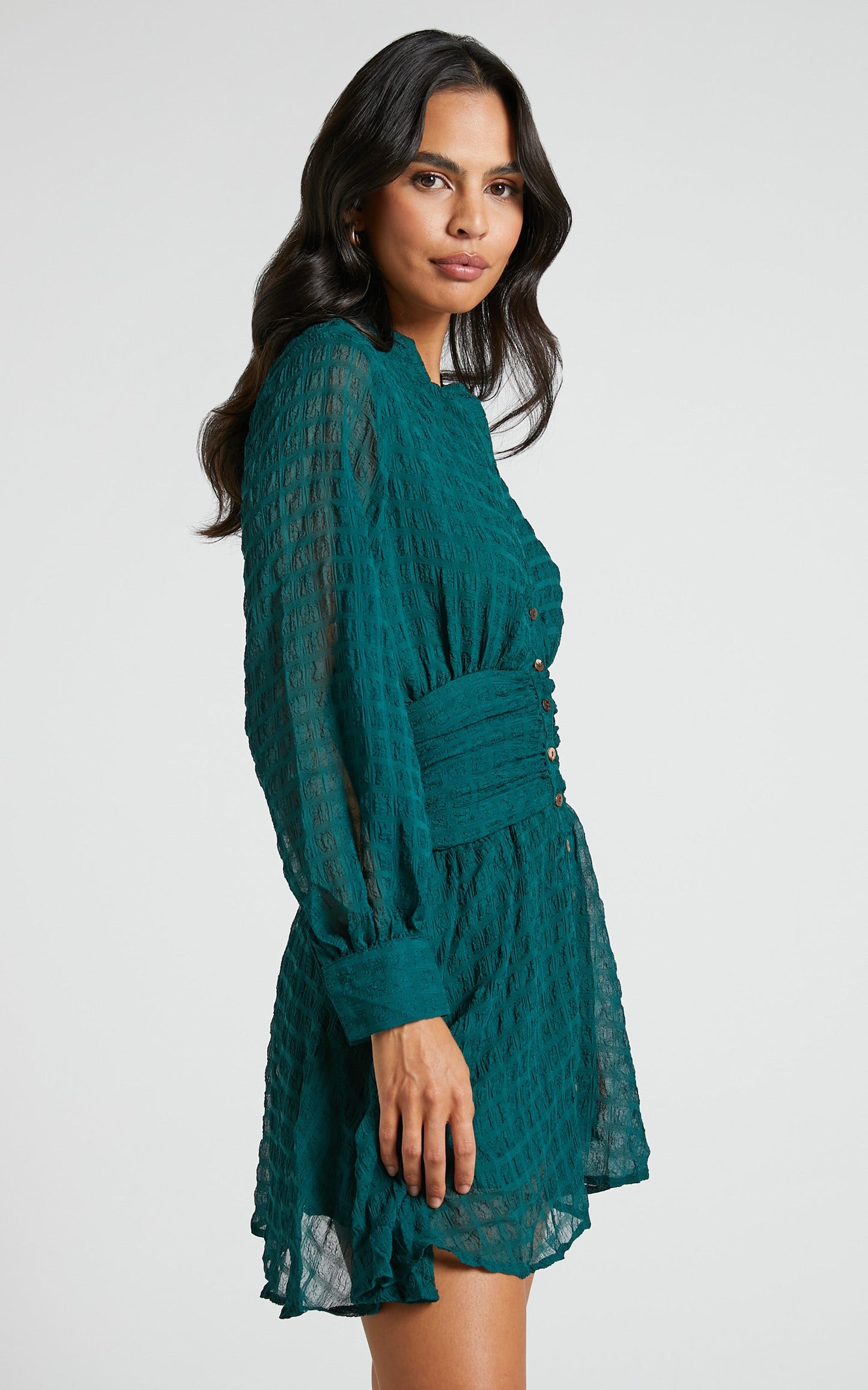 Pippie Mini Dress - Ruched Waist Long Sleeve Textured Dress in Emerald