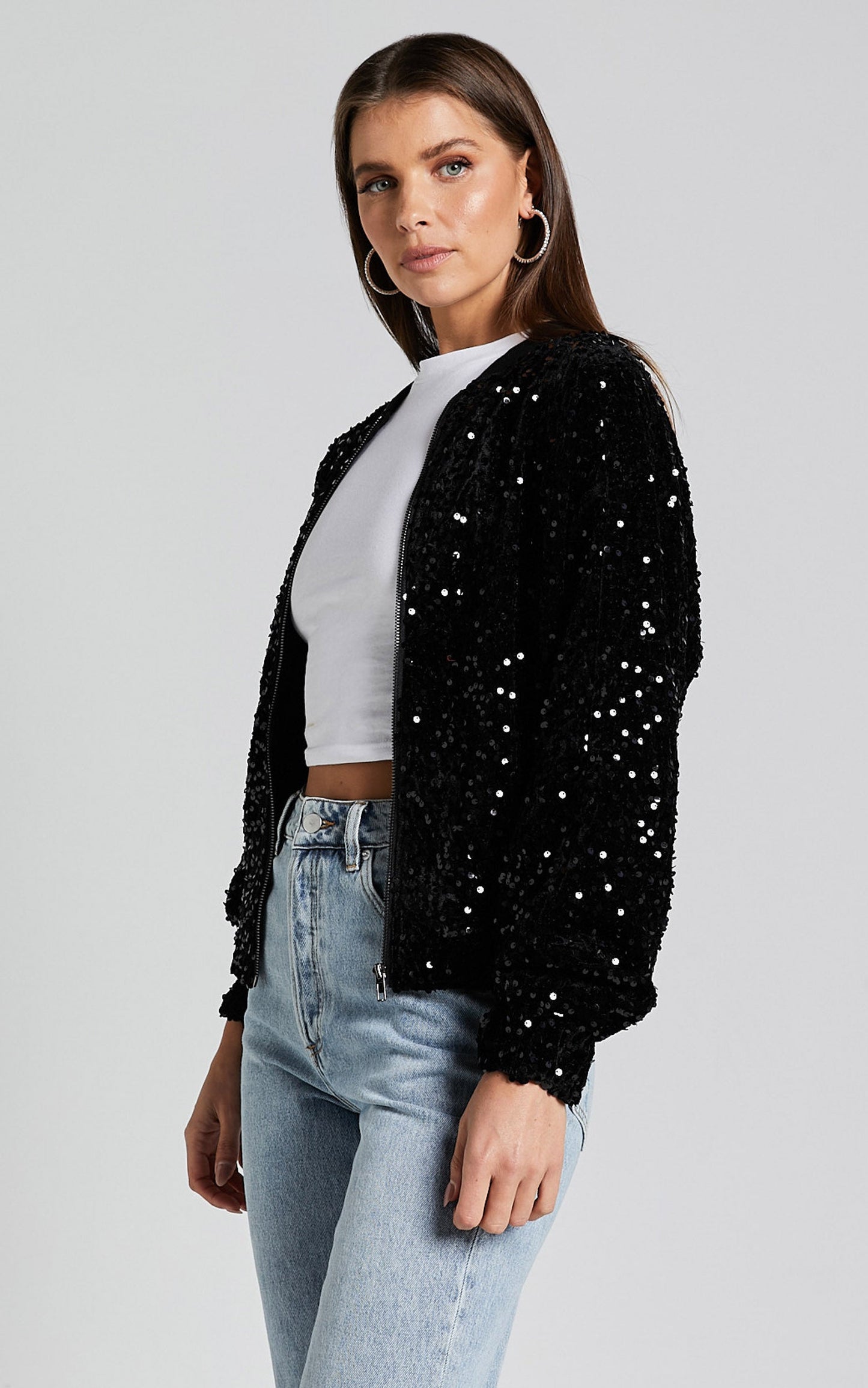 Poinsettia Jacket - Sequin Bomber in Black