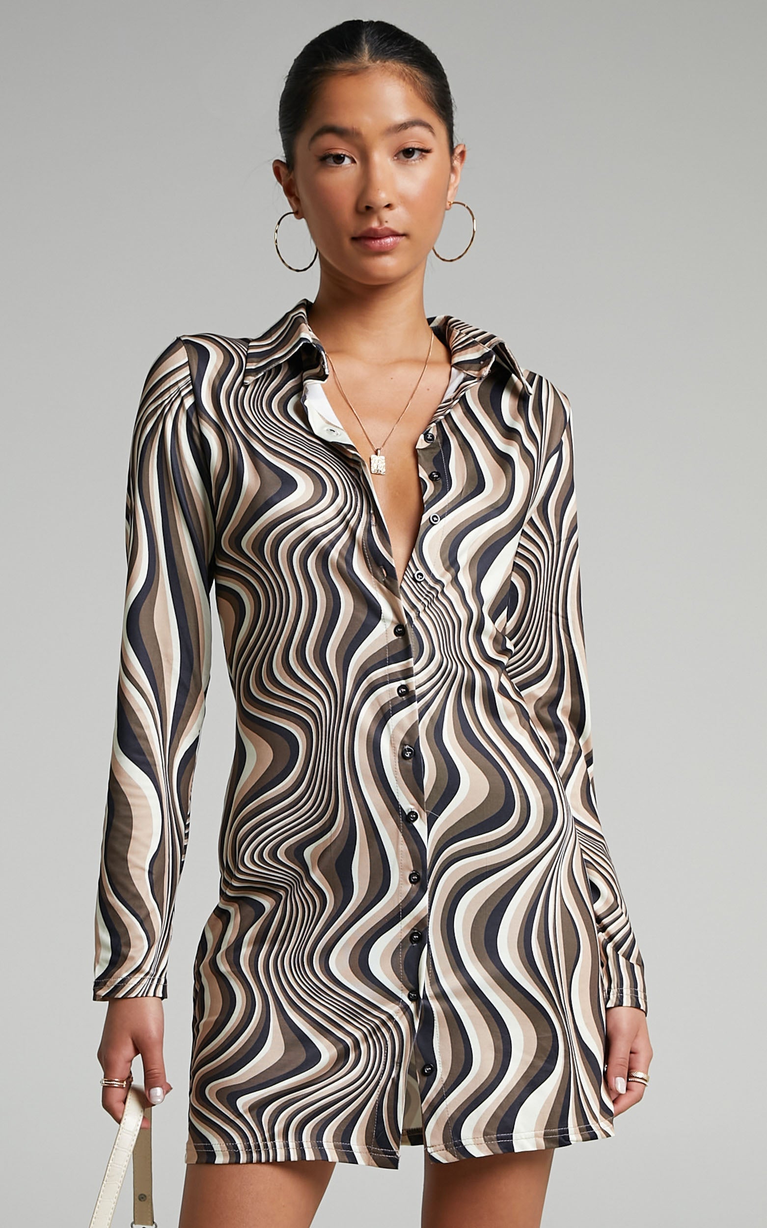 Polla Mesh Long Sleeve Mini Dress in Brown multi