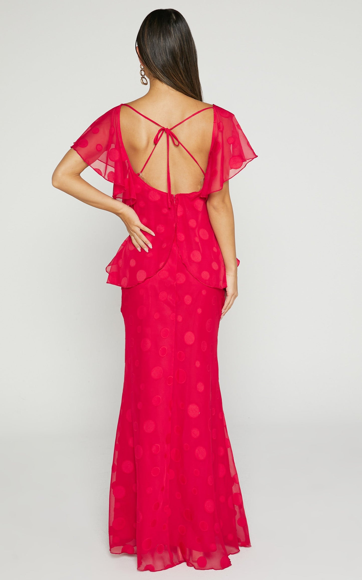 Polly Maxi Dress - V Neck Flutter Sleeve Thigh Split in Red