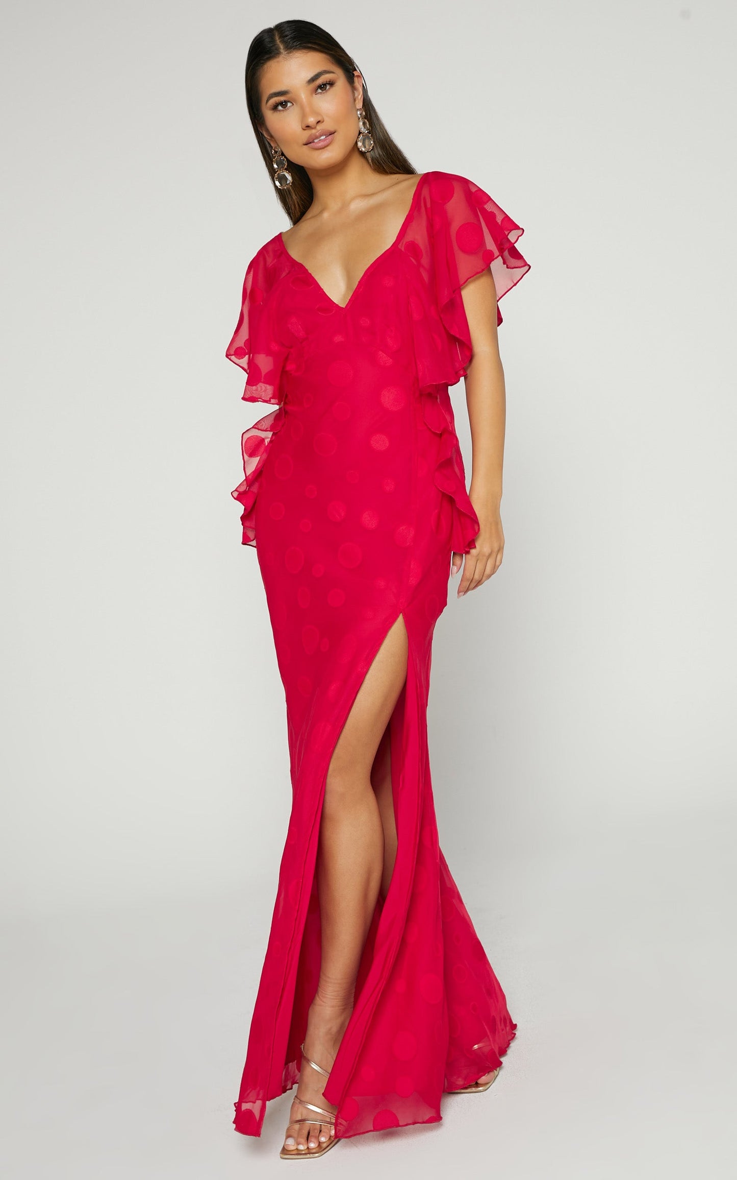 Polly Maxi Dress - V Neck Flutter Sleeve Thigh Split in Red