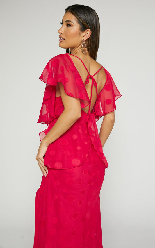 Polly Maxi Dress - V Neck Flutter Sleeve Thigh Split in Red