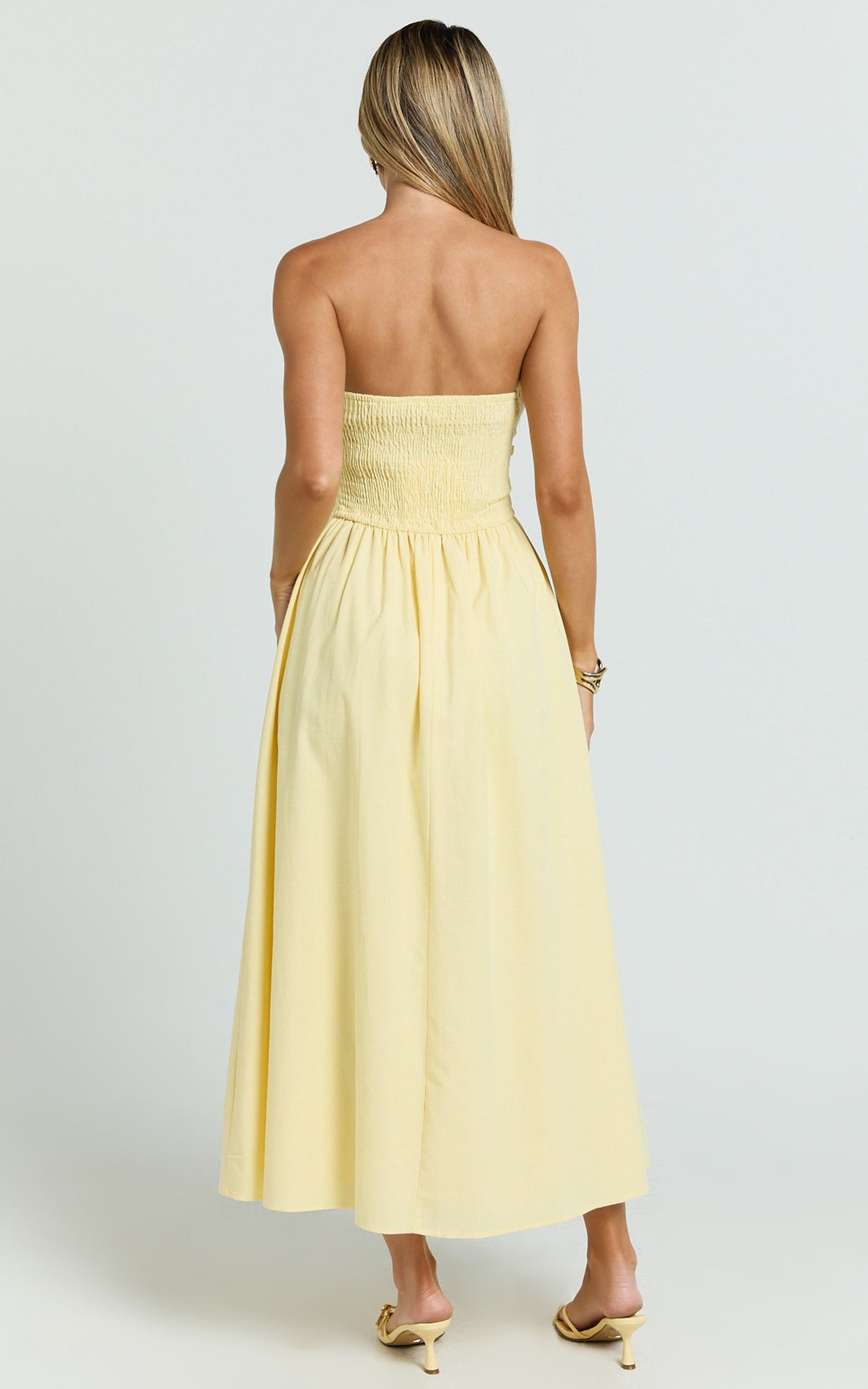 Polly Midi Dress - Strapless Ruched Dress in Lemon