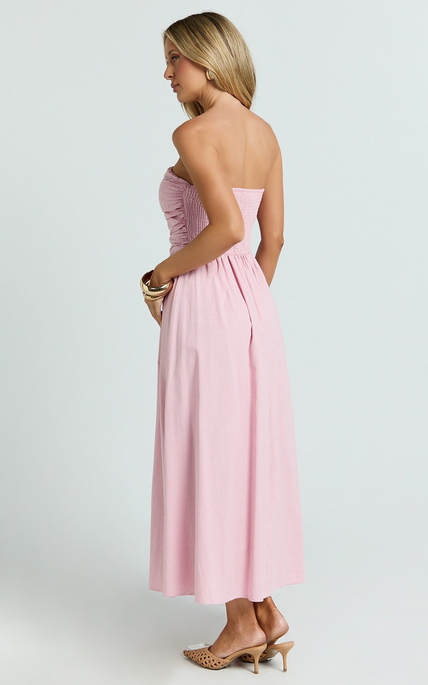 Polly Midi Dress - Strapless Ruched Dress in Pink